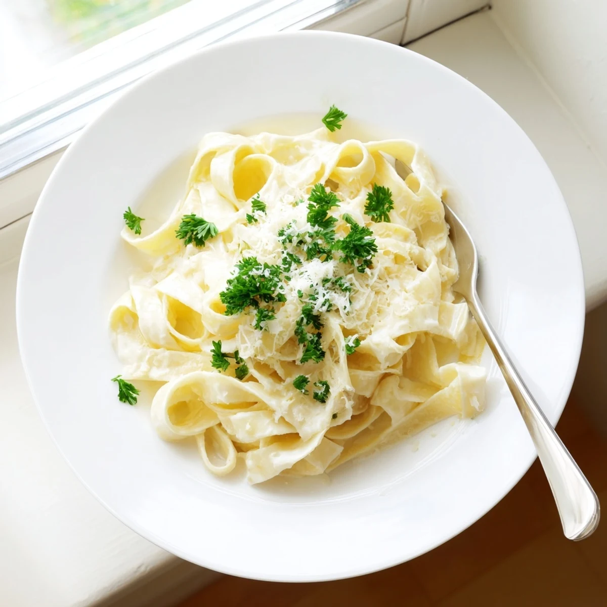 Golden plate of fettuccine Alfredo featuring silky cheese sauce coating every pasta ribbon perfectly