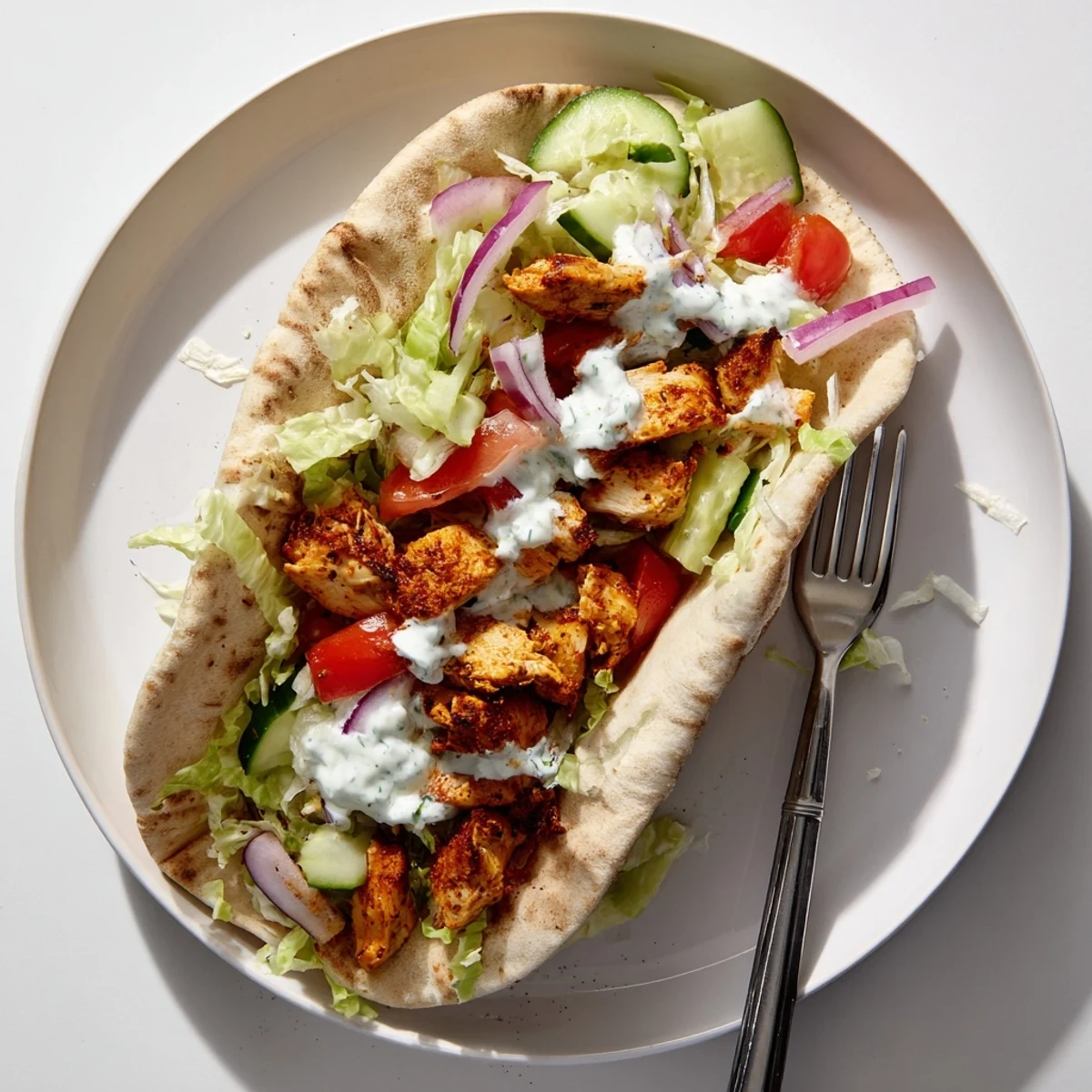 Golden spiced chicken shawarma wrapped in warm pita with fresh vegetables and creamy garlic sauce