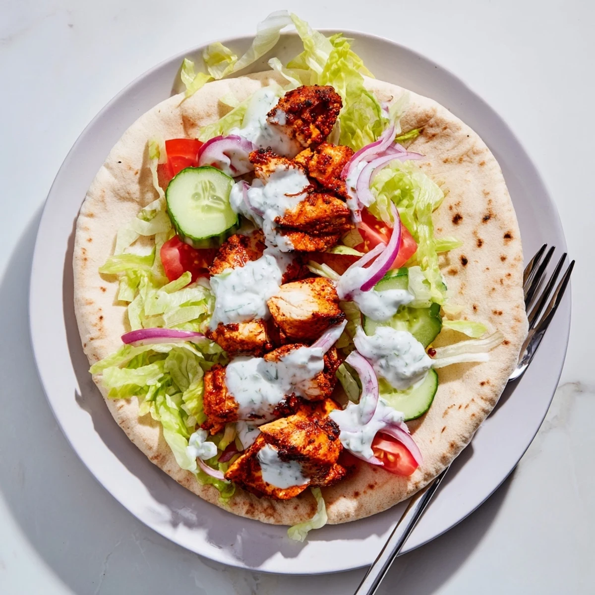 Juicy Middle Eastern chicken shawarma seasoned with aromatic spices served in flatbread with crunchy toppings