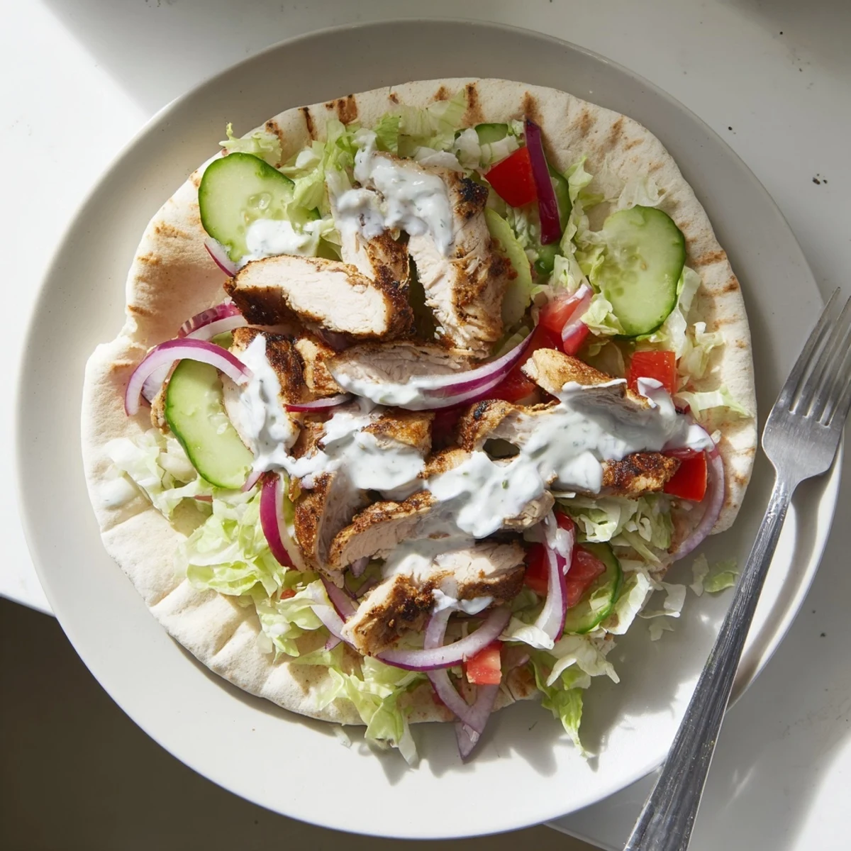 Sliced marinated chicken shawarma piled high on pita bread with crisp lettuce tomatoes and tangy yogurt dressing