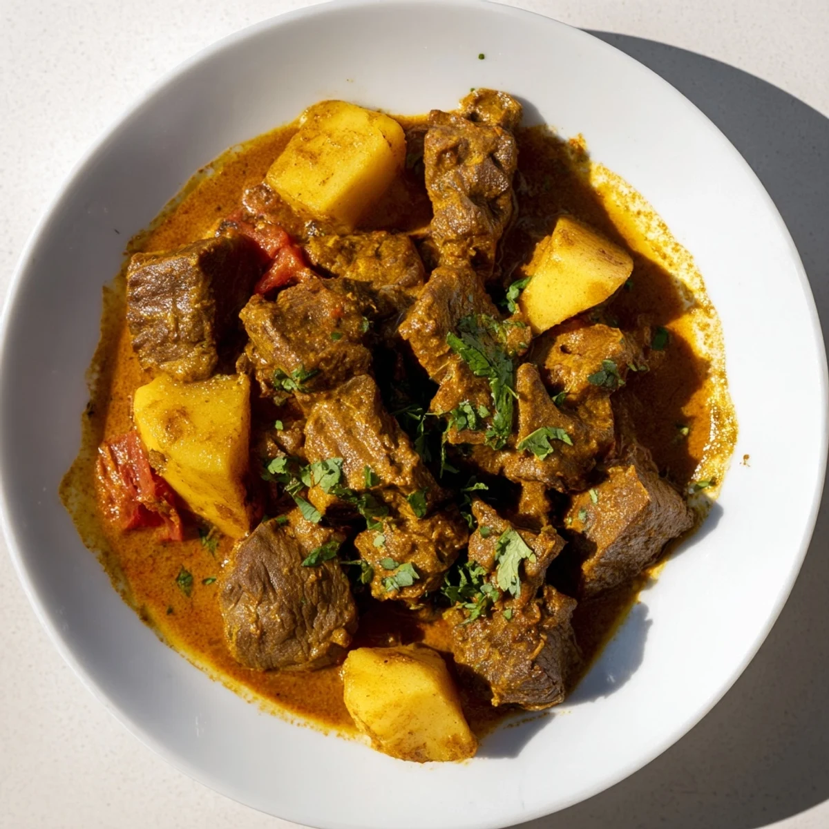 Slow cooker Indian beef curry with tender chunks, creamy coconut sauce, and fresh cilantro garnish served over white rice