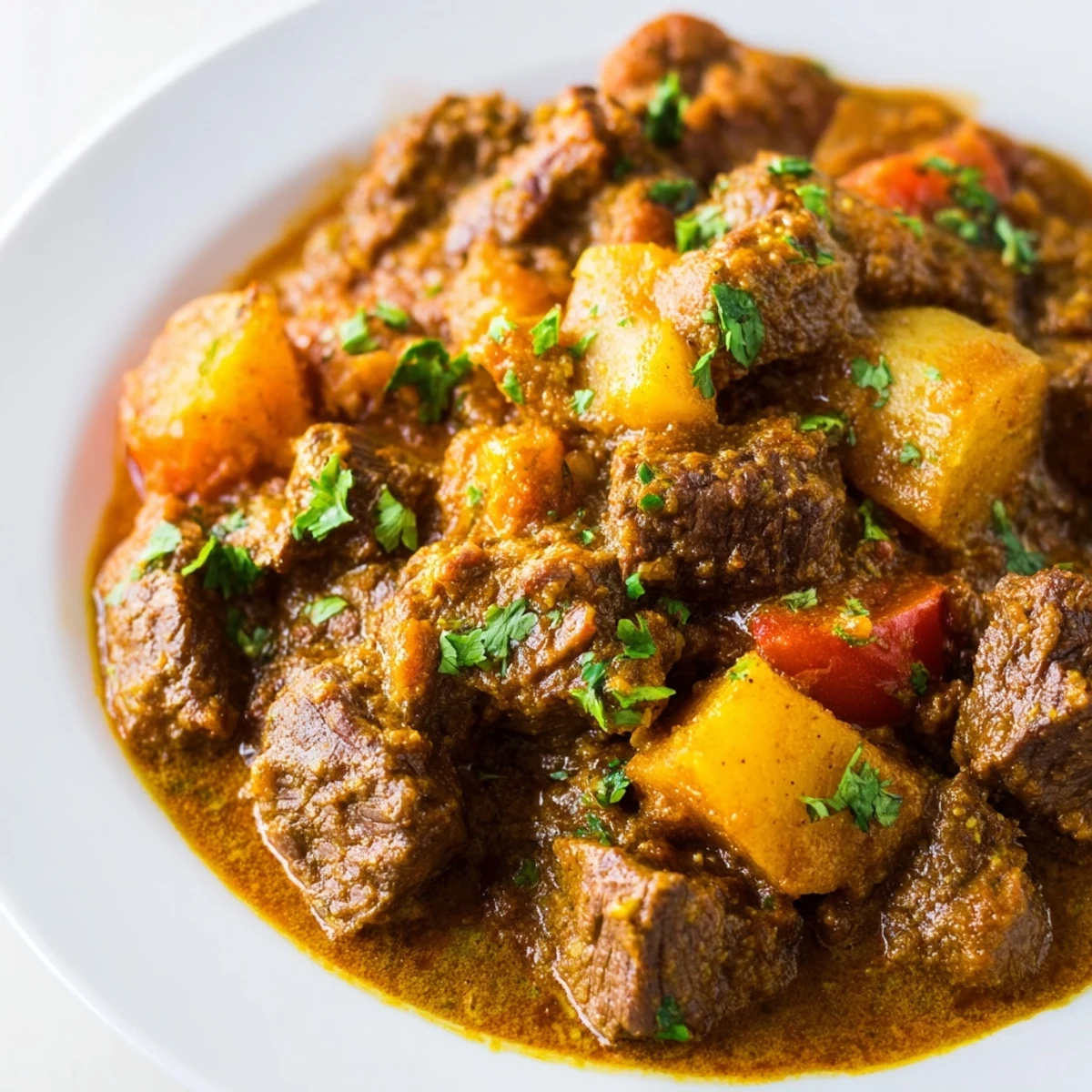 Rich and aromatic Indian beef curry bubbling in a slow cooker with potatoes, onions, and warming whole spices