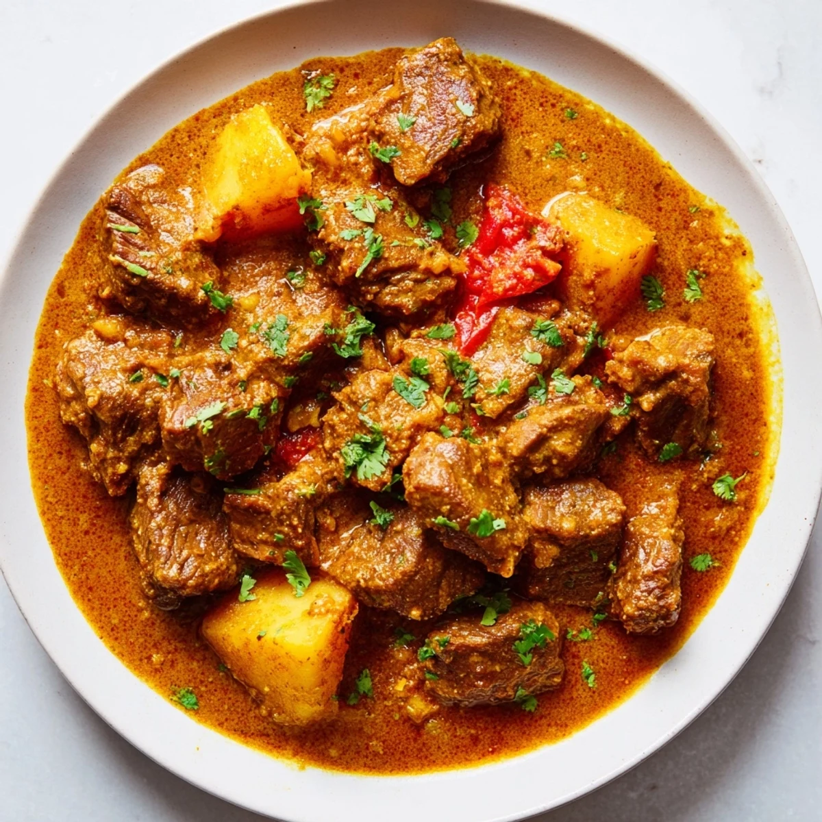 Hearty slow cooker Indian beef curry featuring fall-apart tender beef in a spiced coconut milk sauce with naan bread
