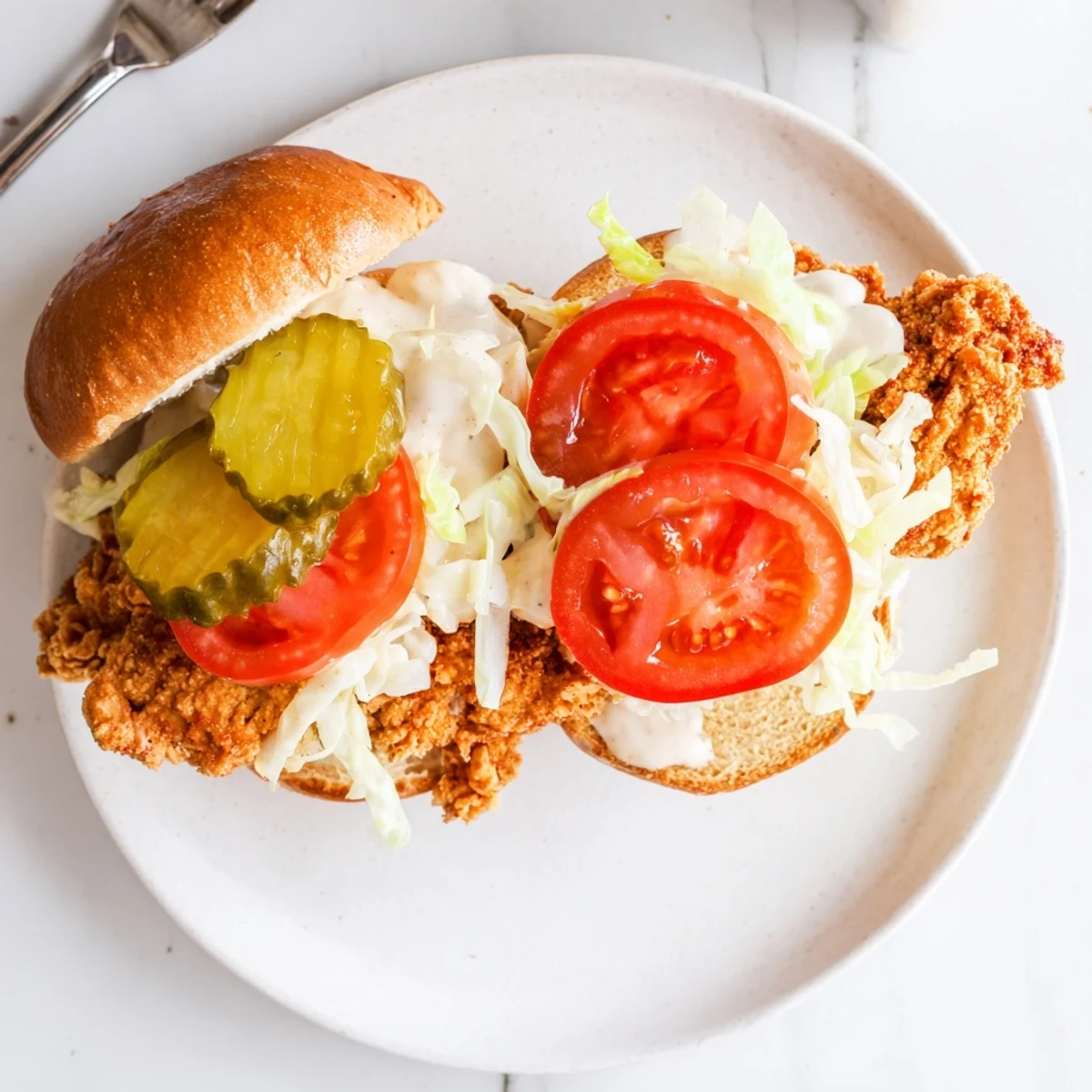 Fried spicy chicken sandwich featuring juicy breast meat with tangy homemade sauce, tomato slices, and crisp pickles