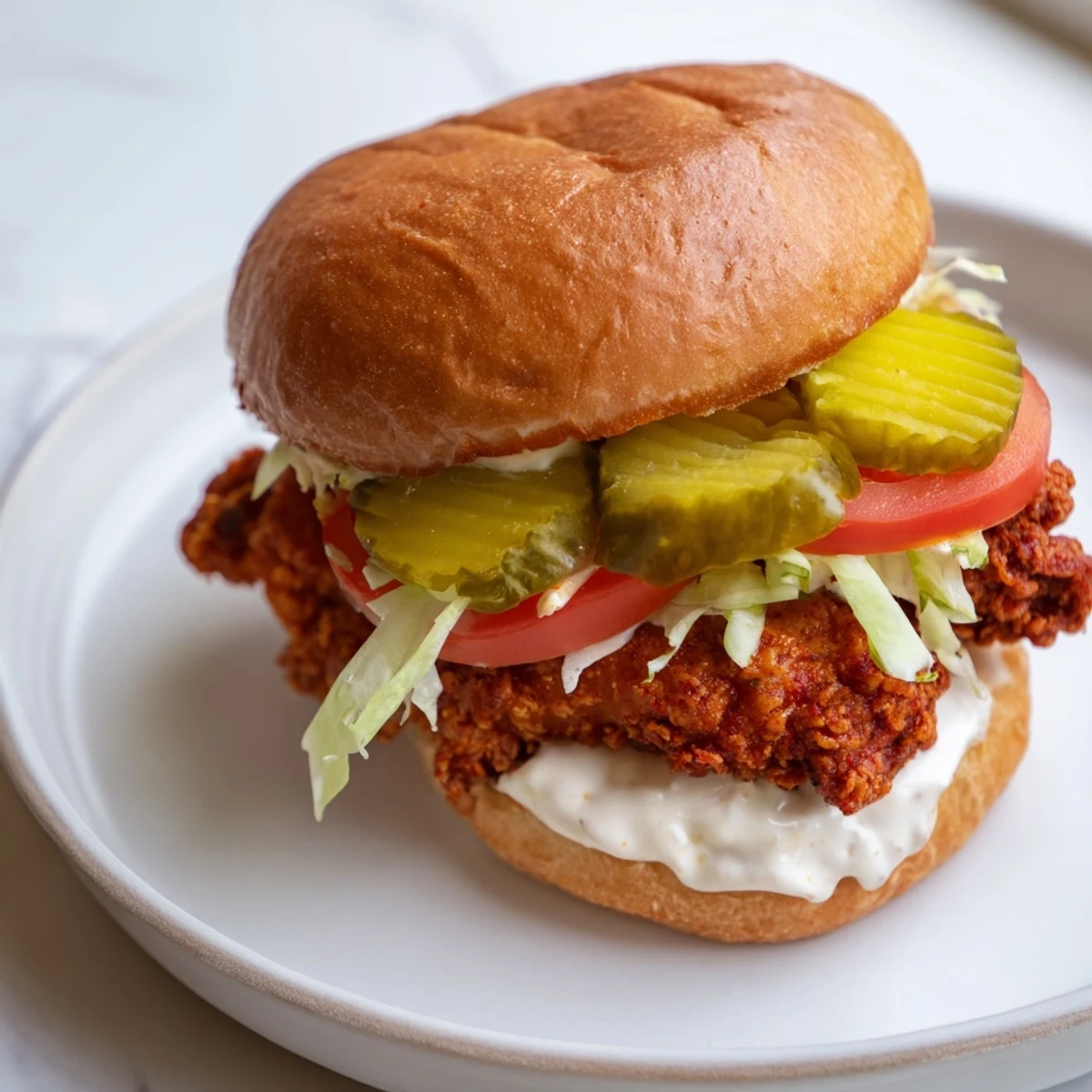 Golden crispy spicy chicken sandwich topped with cool creamy homemade sauce and fresh lettuce on a toasted brioche bun