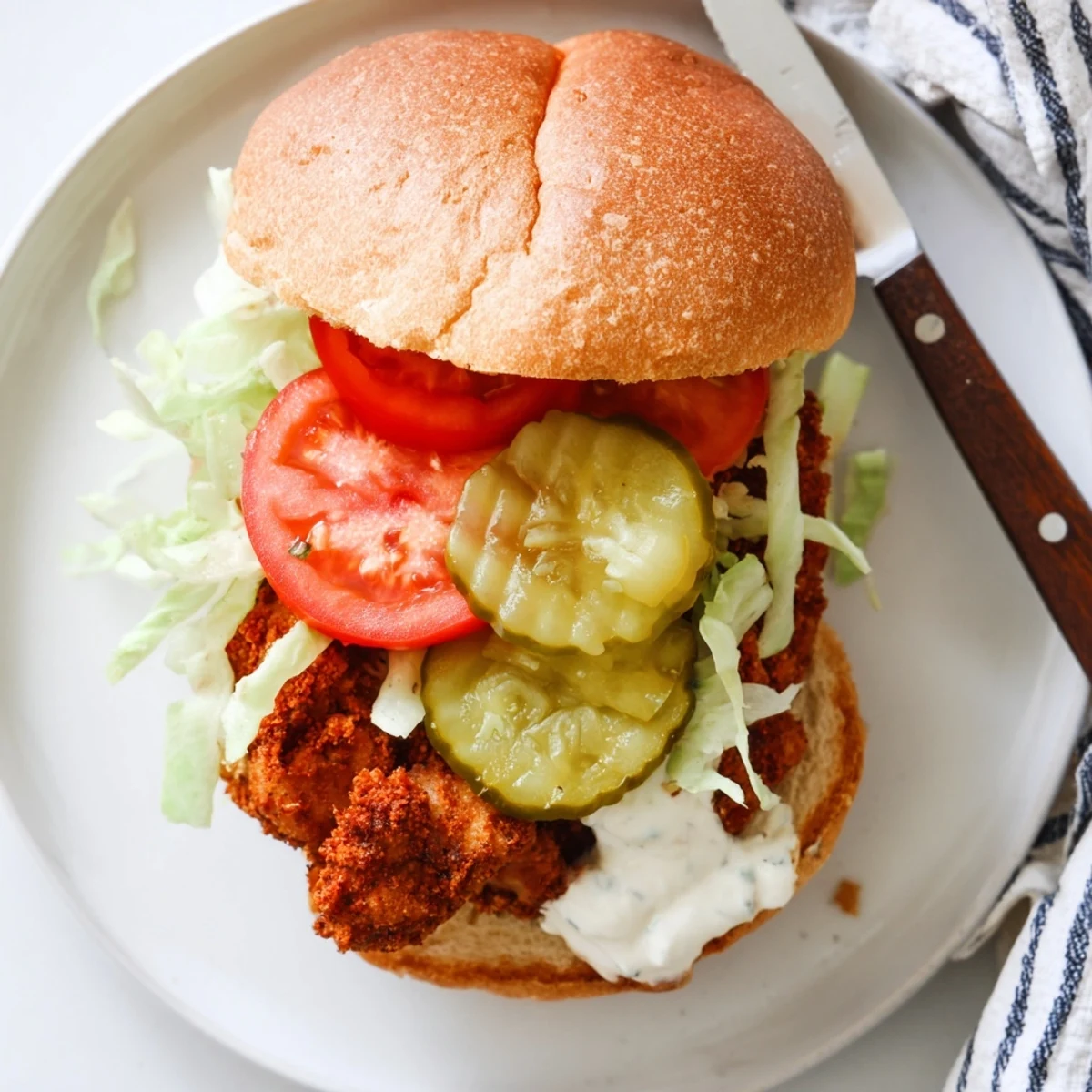 Spicy chicken sandwich piled high with golden fried chicken, crisp vegetables, and zesty creamy sauce on soft toasted bread