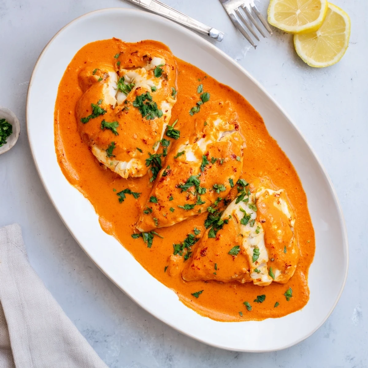 Golden pan-seared cod fillets nestled in vibrant creamy roasted red pepper sauce with fresh parsley garnish