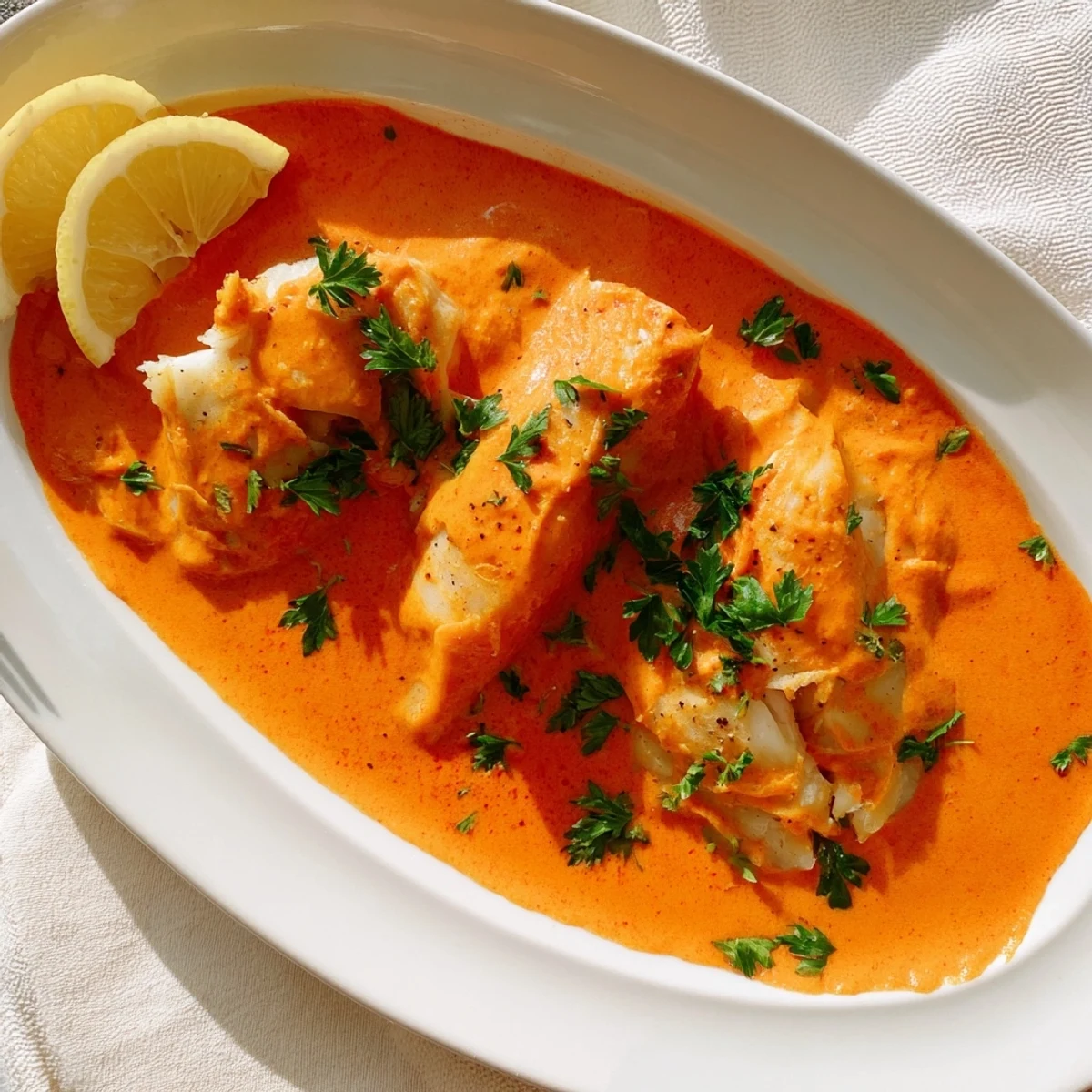 Tender Mediterranean-style cod simmered in smooth red pepper cream sauce served with lemon wedges