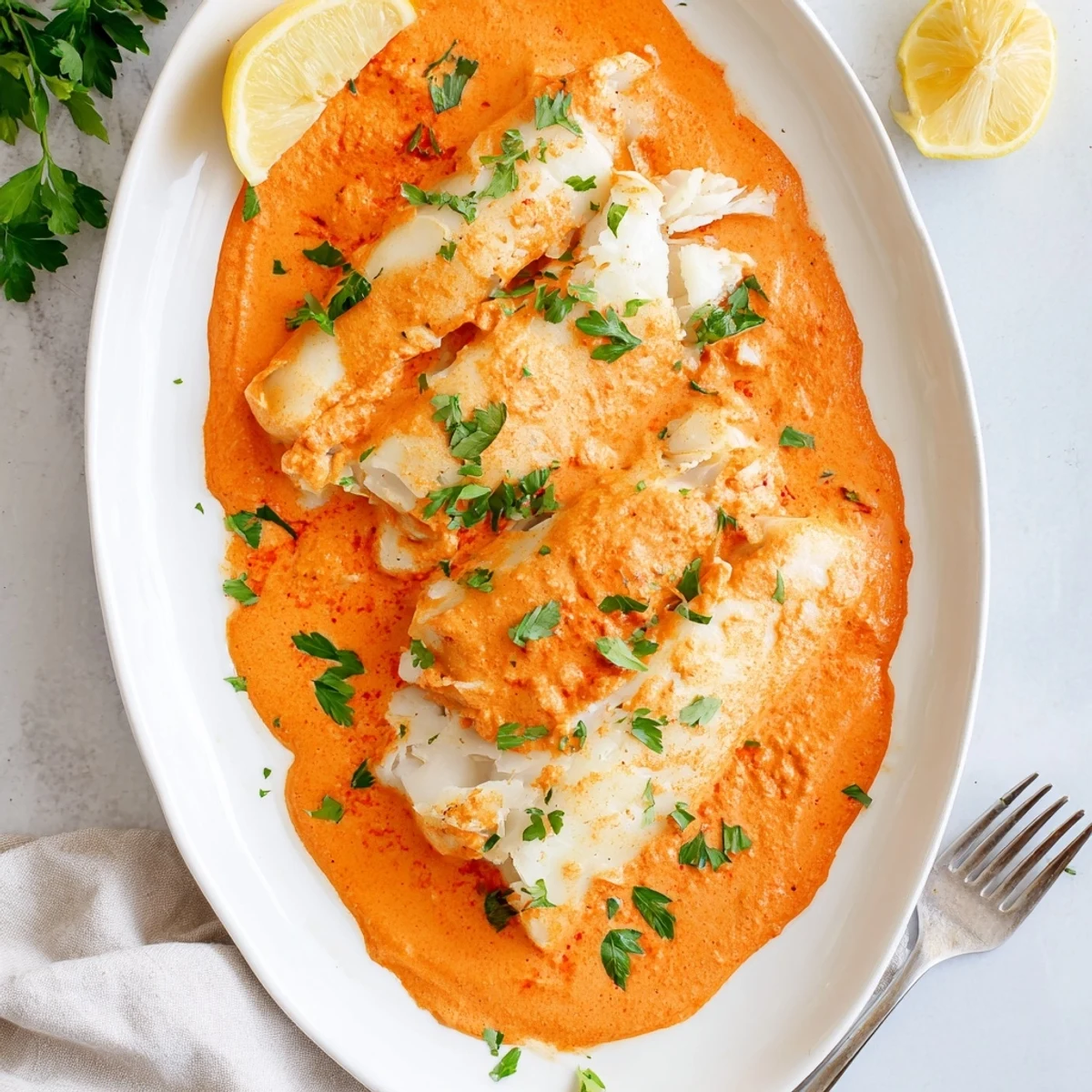 Flaky white cod fish swimming in roasted red pepper sauce topped with chopped herbs and lemon