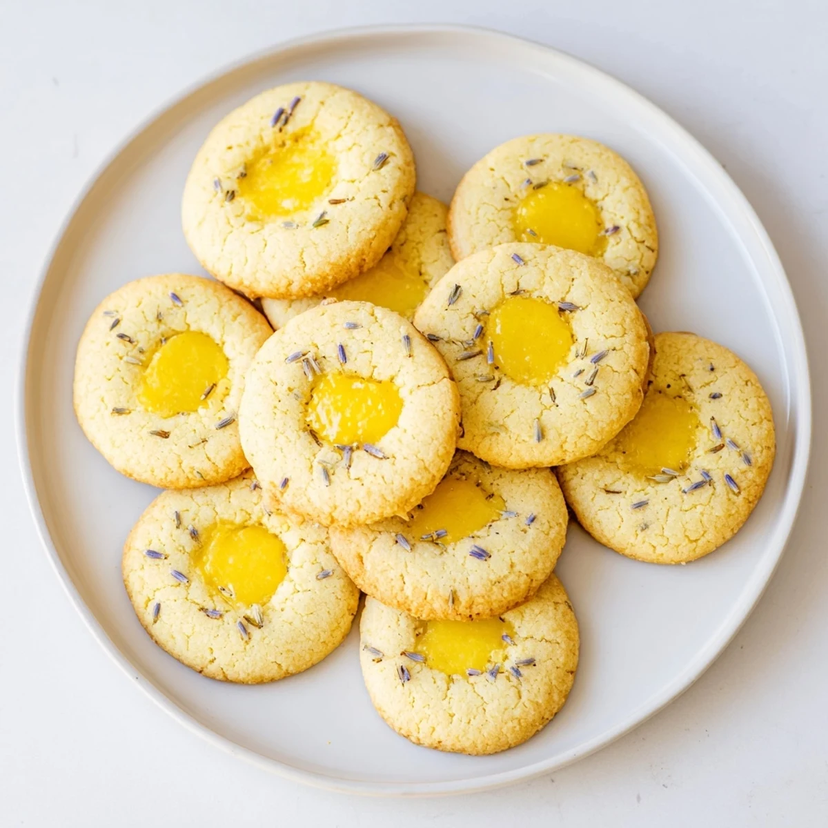 Golden lemon lavender thumbprint cookies filled with bright lemon curd on a white plate