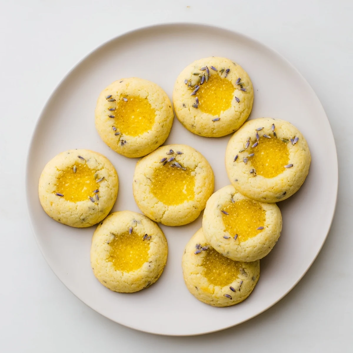 Close up of lemon lavender thumbprint cookies with sweet lemon curd filling and powdered sugar