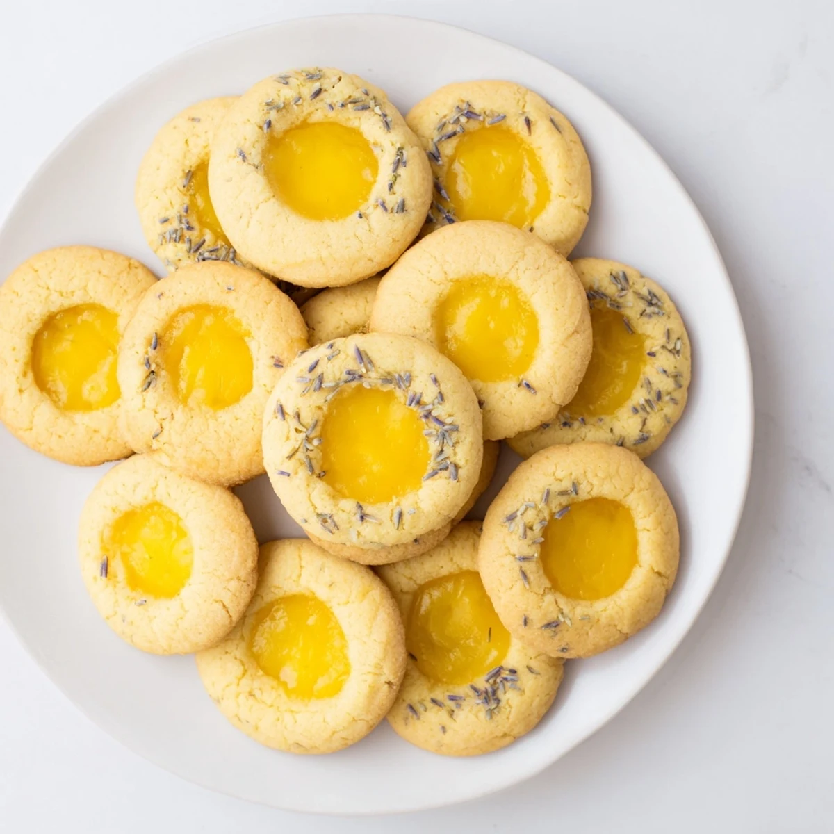 Buttery thumbprint cookies with floral lavender and tangy lemon centers cooling on a wire rack