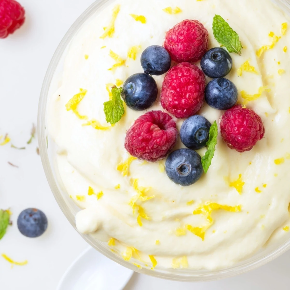Creamy no bake lemon mascarpone mousse topped with fresh berries and mint in clear glass serving dish