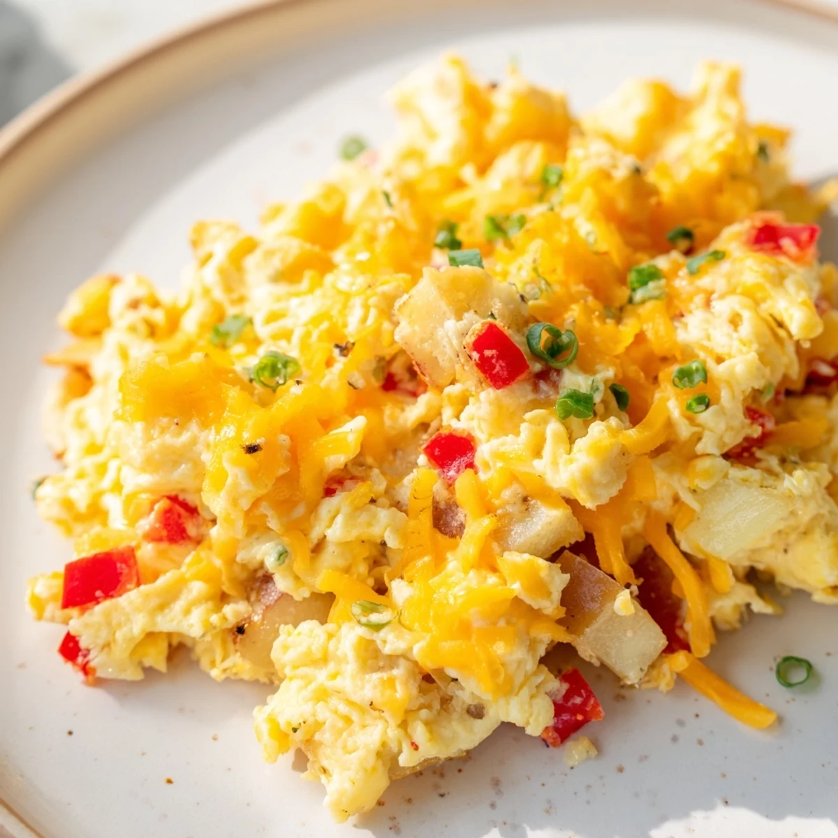 Hearty breakfast skillet of cheesy potato egg scramble topped with fresh green chives