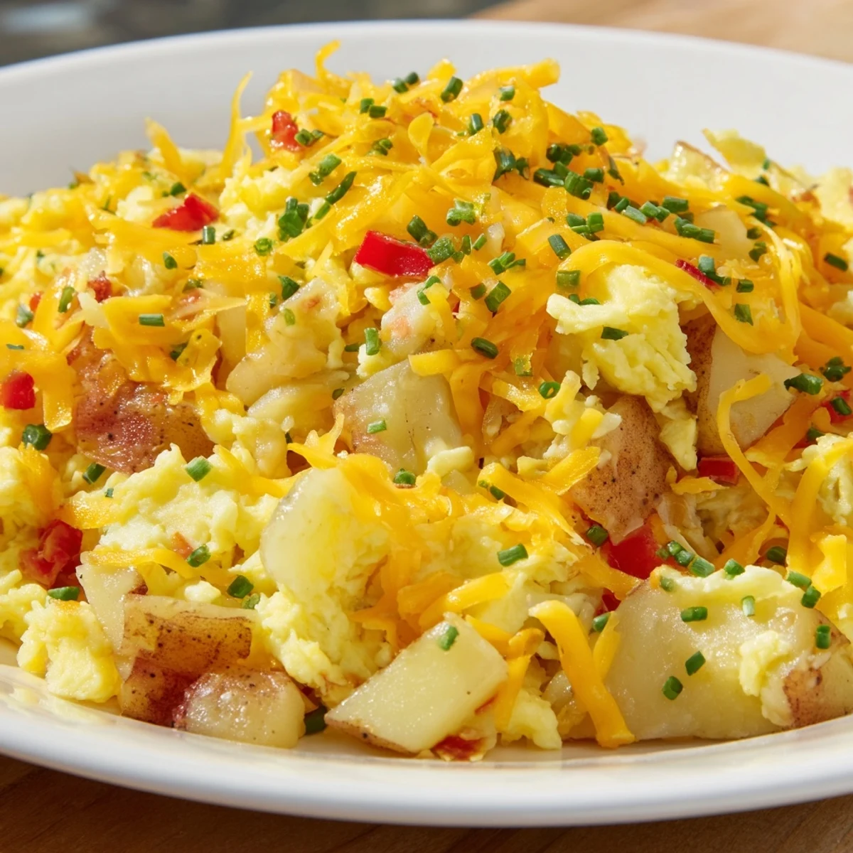 Golden cheesy potato egg scramble with melted cheddar and fluffy eggs in a skillet