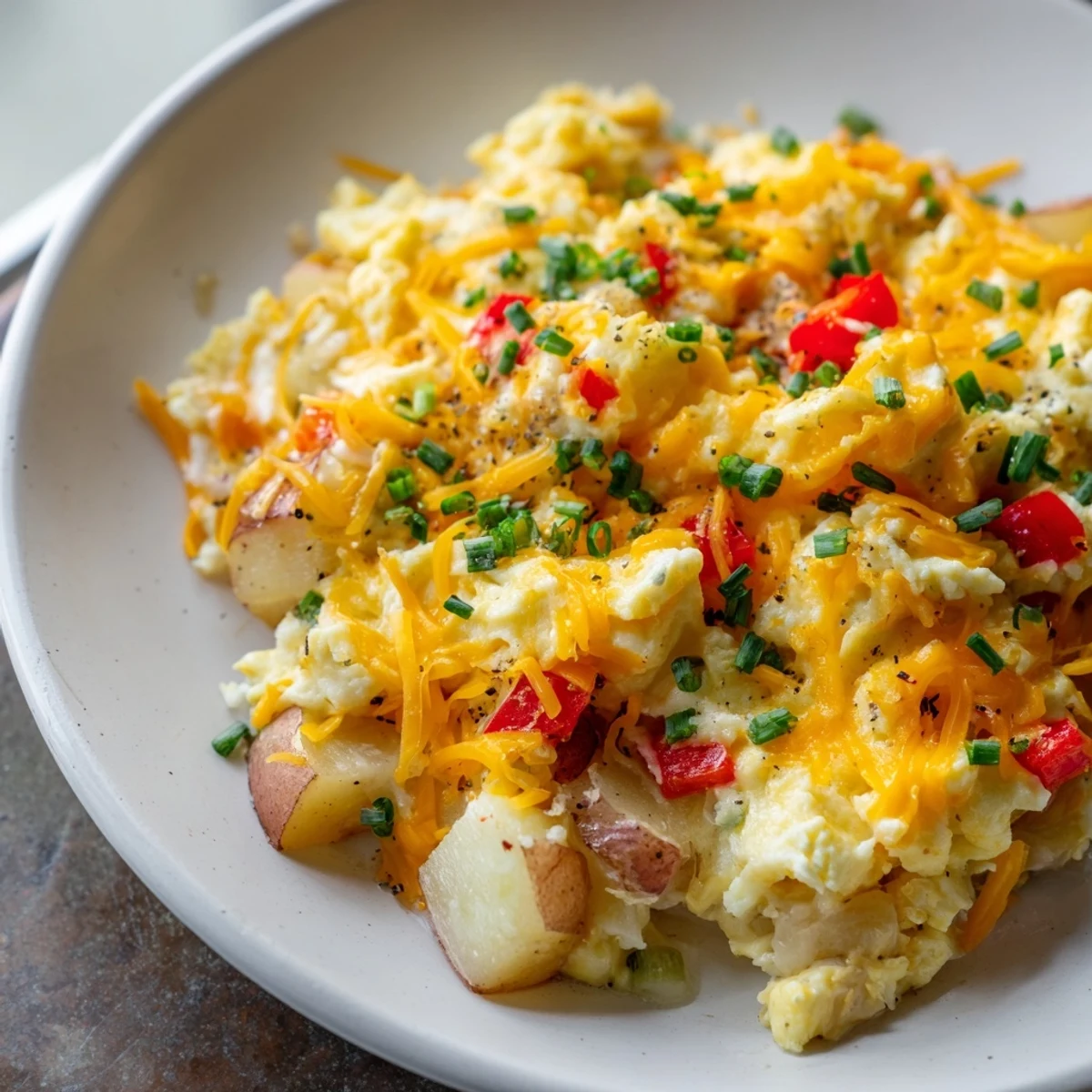 Savory cheesy potato egg scramble featuring golden potatoes vegetables and melted cheese on plate