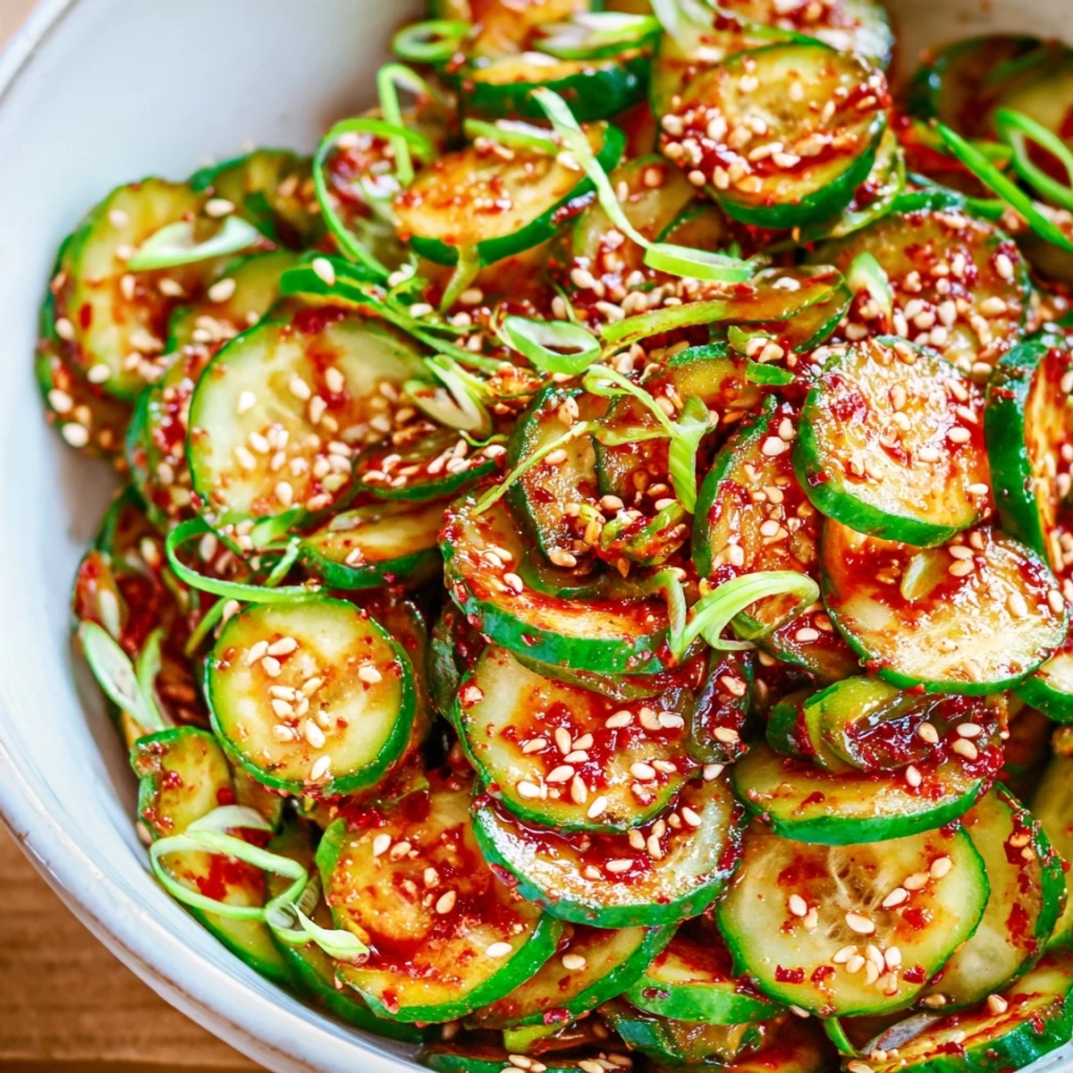 Fresh Korean cucumber salad tossed in spicy sesame dressing with crunchy cucumber slices