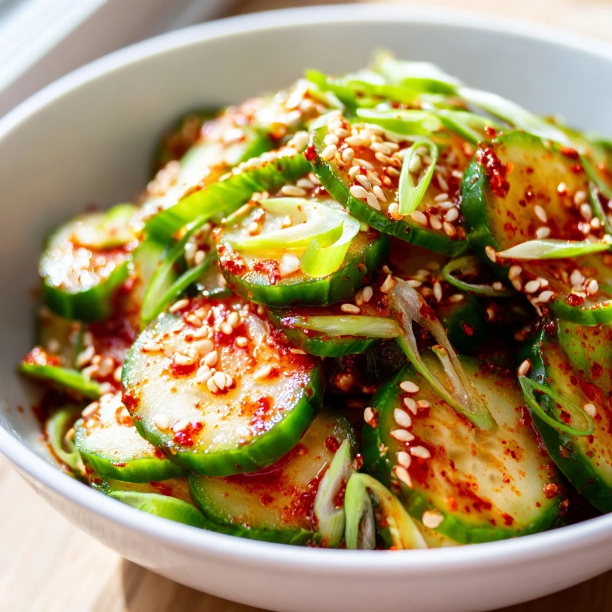 Crisp cucumbers coated in red chili garlic sauce topped with toasted sesame seeds