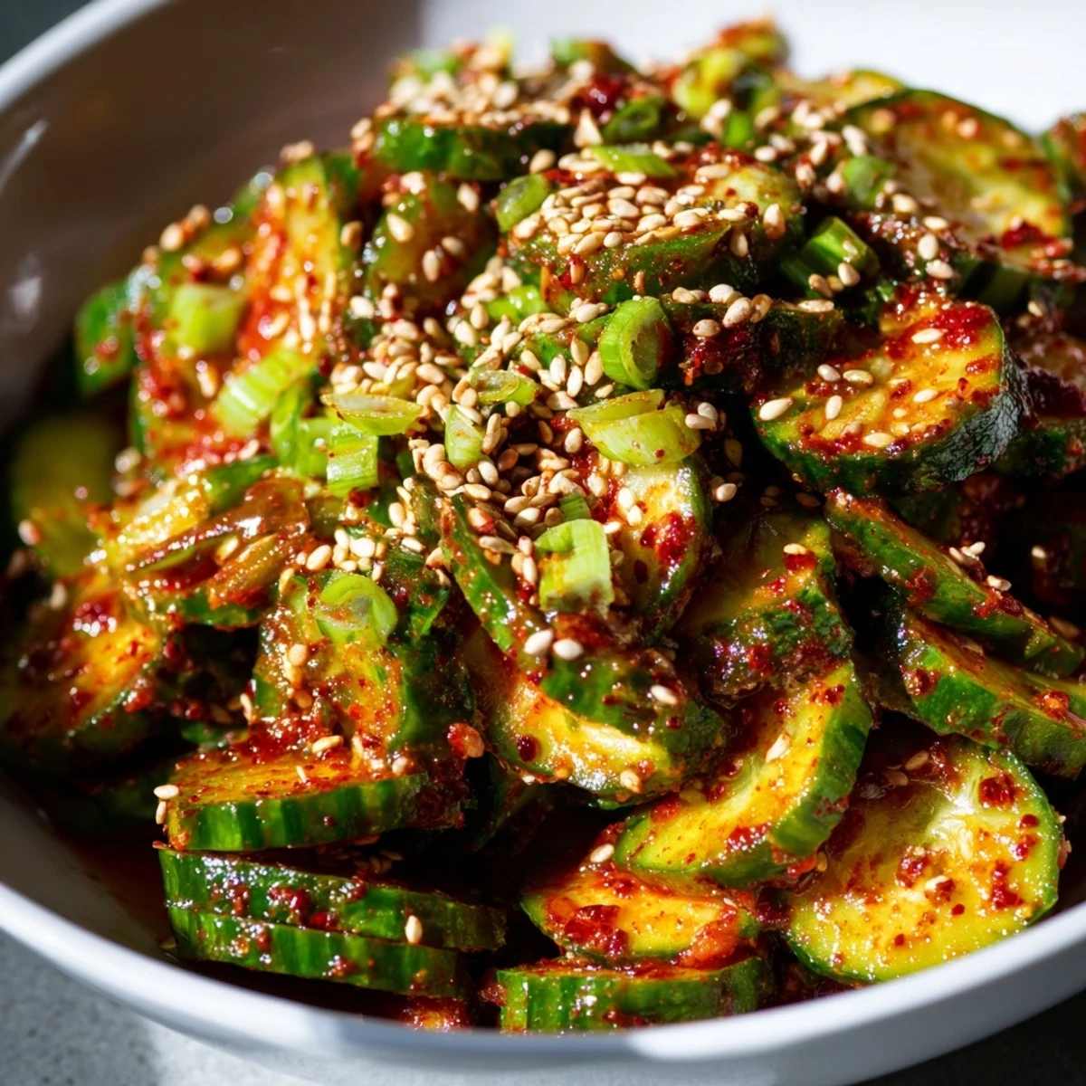 Vibrant Korean side dish featuring sliced cucumbers in sweet spicy gochugaru dressing