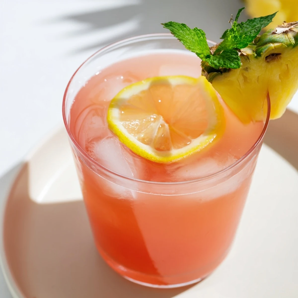 Garnished glass of pineapple pink lemonade with fresh fruit slices and mint sprigs on ice