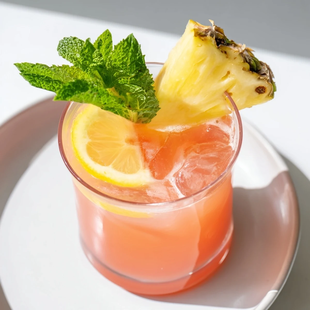 Vibrant pink pitcher filled with refreshing pineapple lemonade surrounded by lemons and pineapple wedges