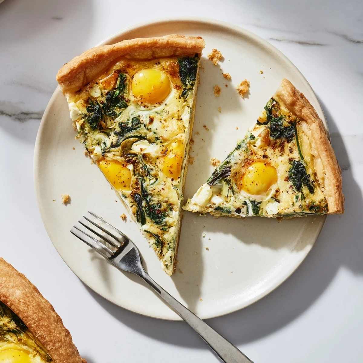 Golden baked Easter tart with creamy ricotta spinach filling and whole eggs nestled in flaky pastry crust