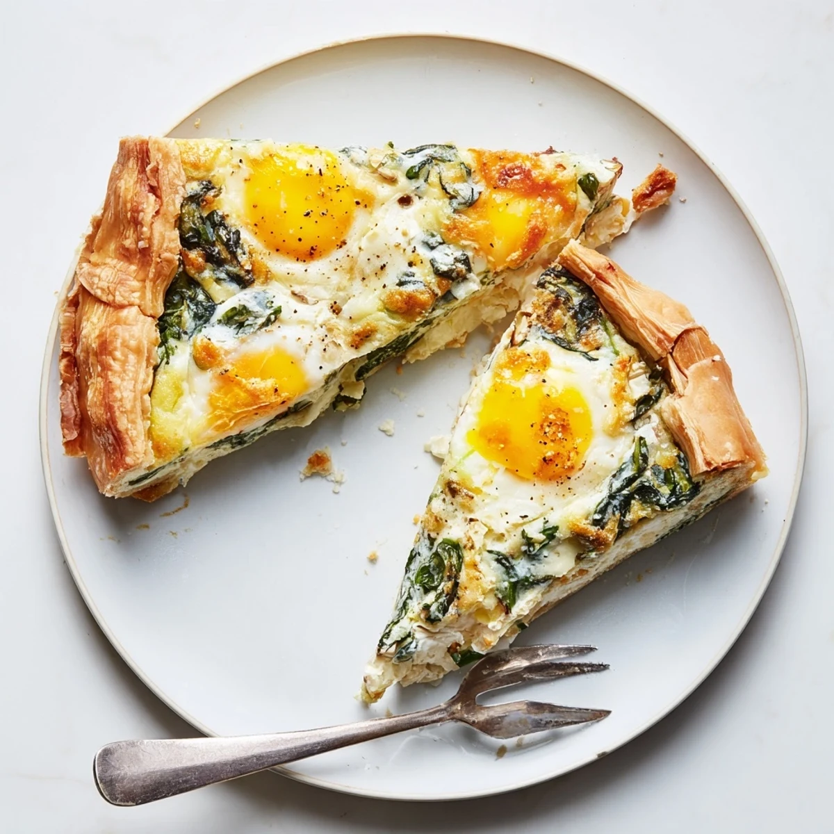 Savory Italian Easter tart sliced to reveal rich ricotta spinach layer with runny yolks and golden buttery crust