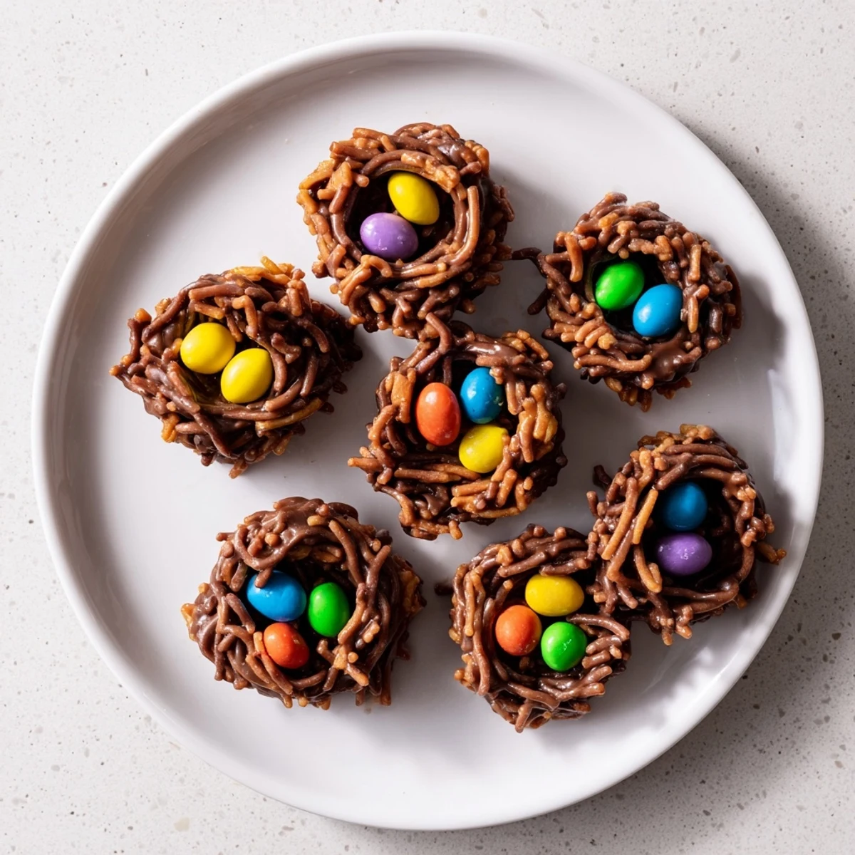 No bake birds nest cookies topped with colorful candy eggs on a white plate