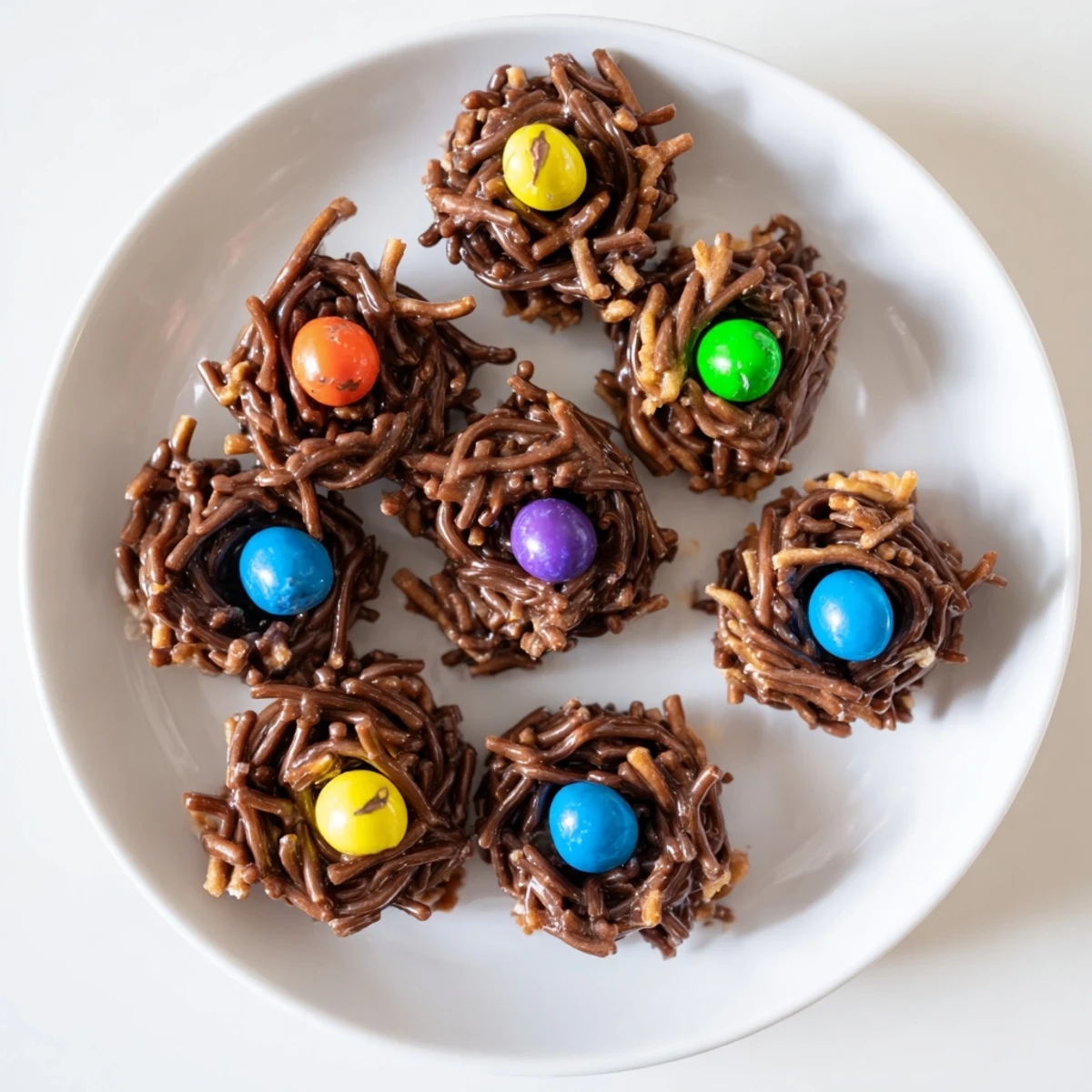 Chocolatey no bake birds nest cookies filled with pastel Easter eggs arranged on parchment paper