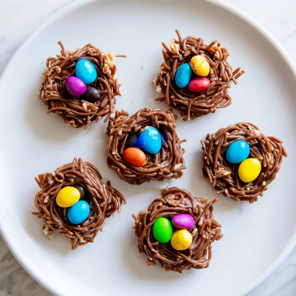 Crispy no bake birds nest cookies with chocolate peanut butter nests and candy egg centers