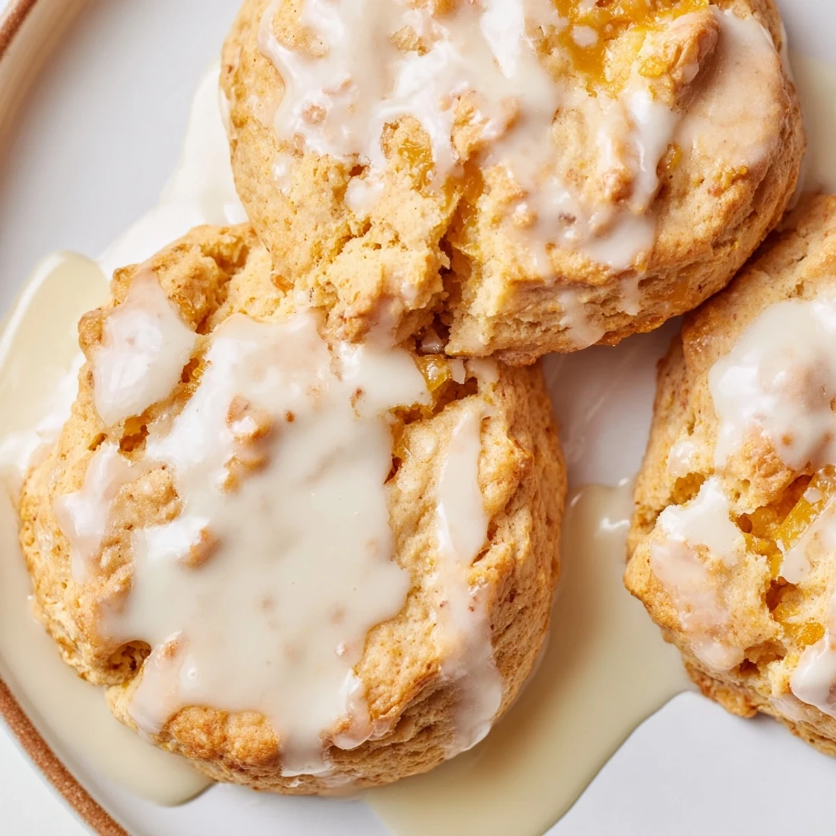 Golden peach butter swim biscuits drizzled with white vanilla glaze on a serving plate