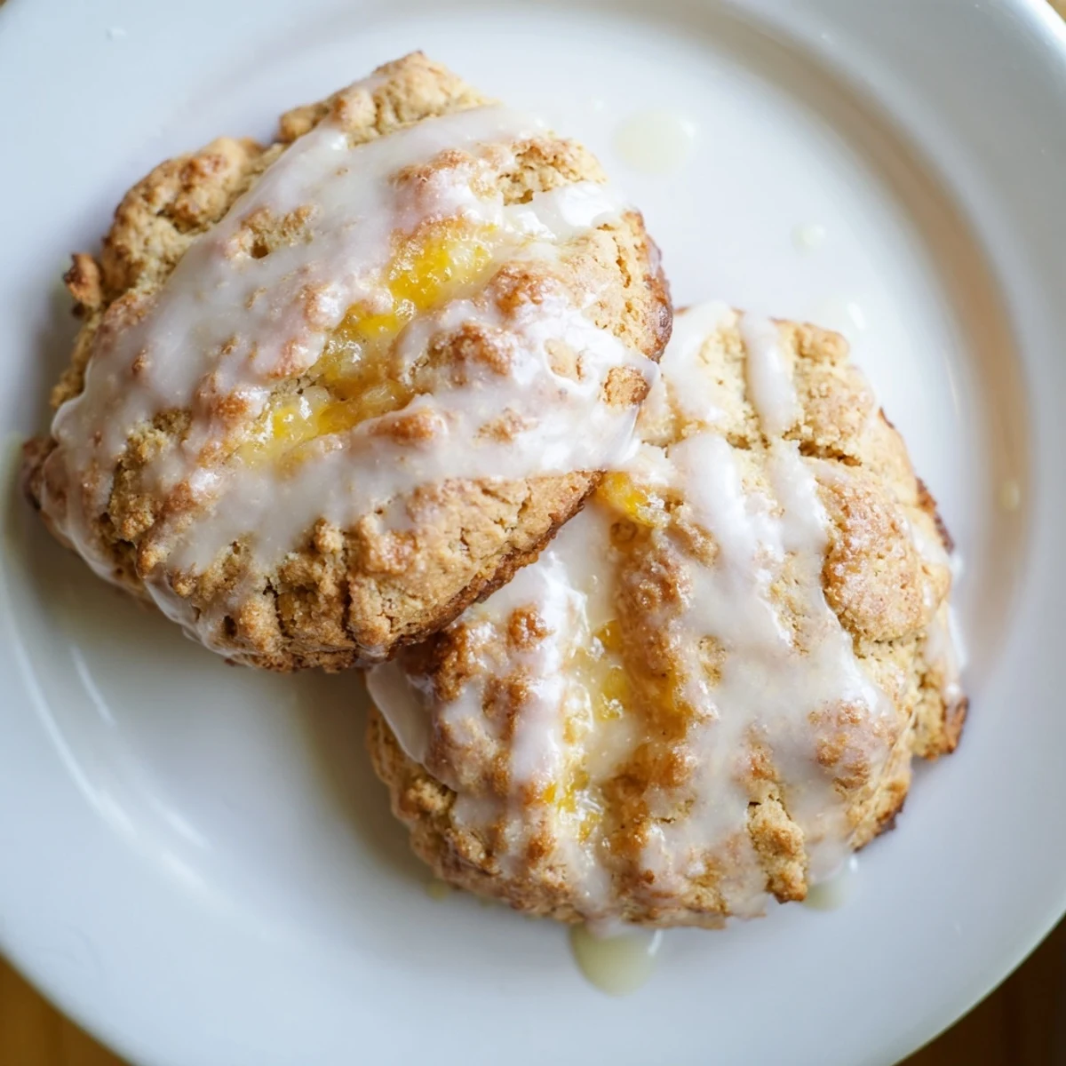 Nine square peach biscuits swimming in buttery glaze finished with sweet vanilla drizzle