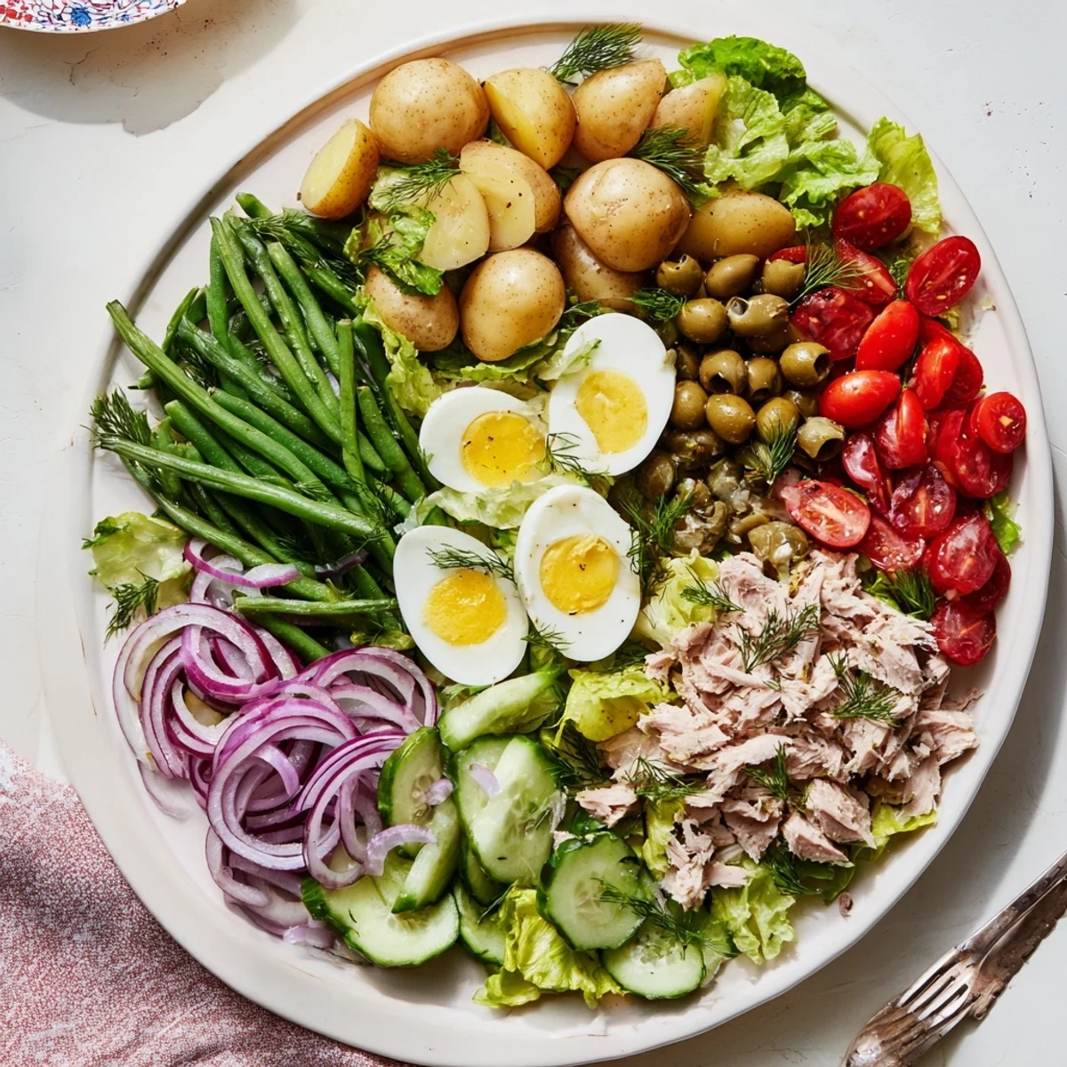 Classic Niçoise Salad topped with hard-boiled eggs, Niçoise olives, and capers over crisp butter lettuce