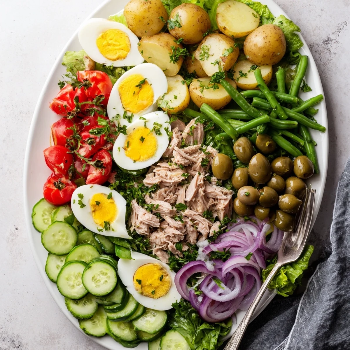 Fresh French Niçoise Salad arranged on platter featuring tender potatoes, green beans, cherry tomatoes, and flaky tuna