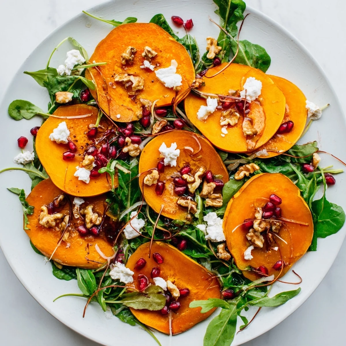 Fresh persimmon salad with apple cider vinaigrette featuring vibrant orange slices, peppery arugula, and tangy goat cheese