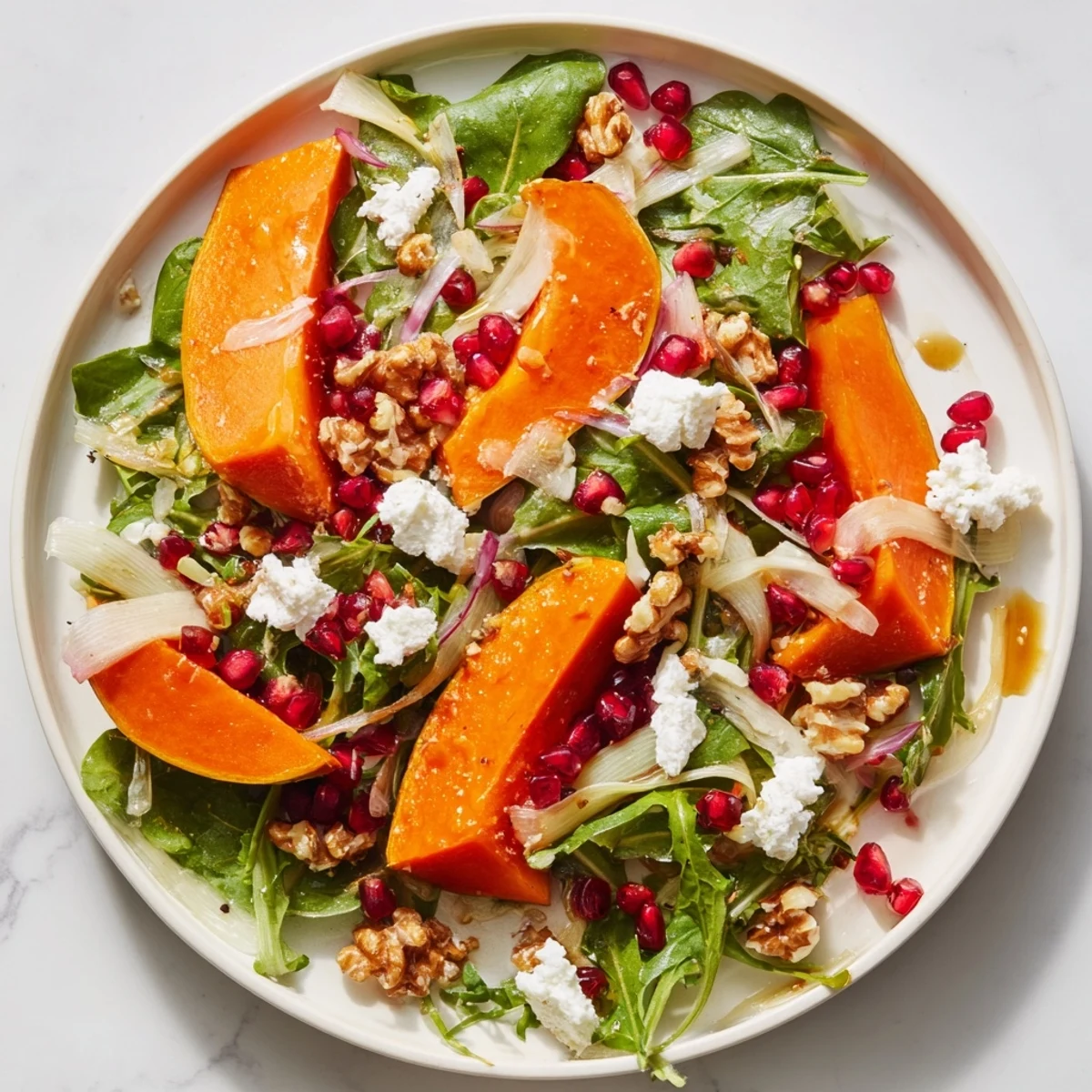 Colorful fall salad bowl with sweet sliced persimmons, pomegranate seeds, and fennel drizzled with apple cider vinaigrette