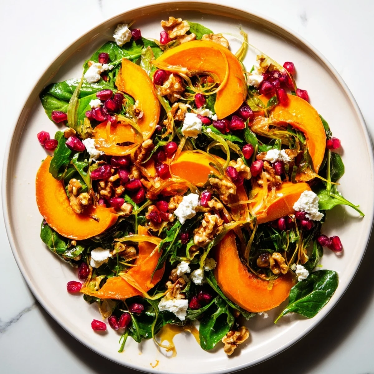 Golden persimmon salad with apple cider vinaigrette topped with toasted walnuts and crumbled goat cheese on mixed greens