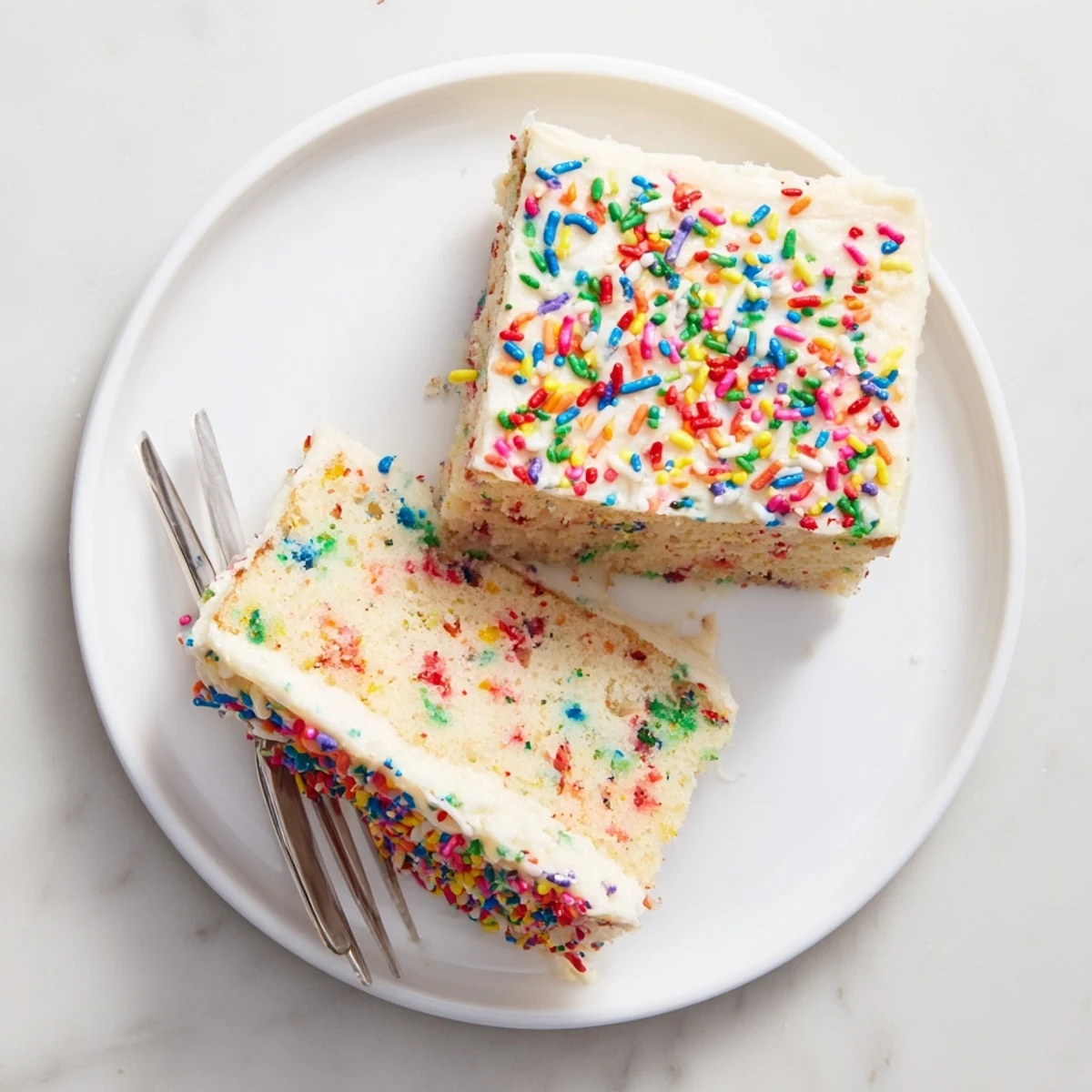 Festive big batch confetti cake with buttercream frosting topped with colorful rainbow sprinkles