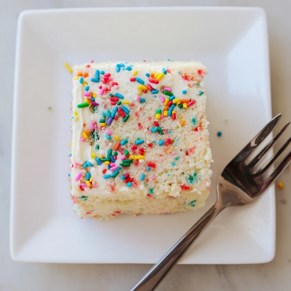 Fluffy vanilla confetti cake speckled with sprinkles and covered in creamy buttercream frosting