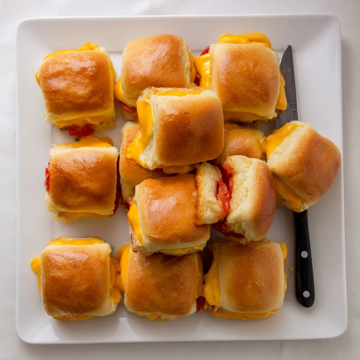Golden brown mini grilled cheese Hawaiian rolls with melted cheddar cheese on a white baking sheet