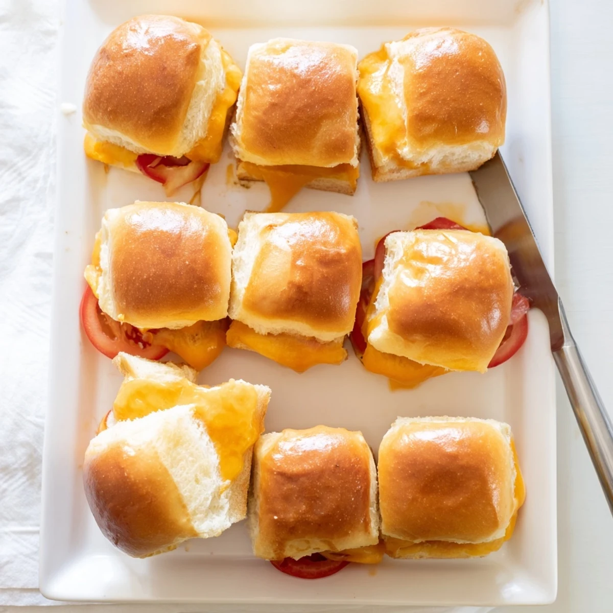 Bite-sized Hawaiian sweet roll sliders stuffed with gooey melted cheese and brushed with butter