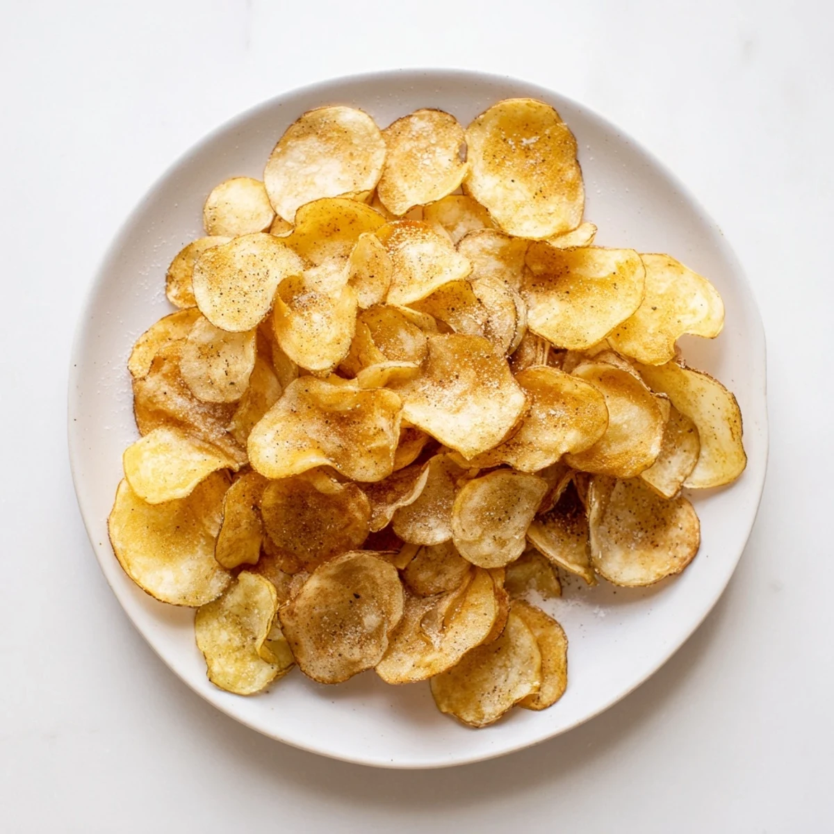 Golden homemade potato chips piled high with a dusting of sea salt, showcasing their irresistible crunch and perfect fryer-browned texture