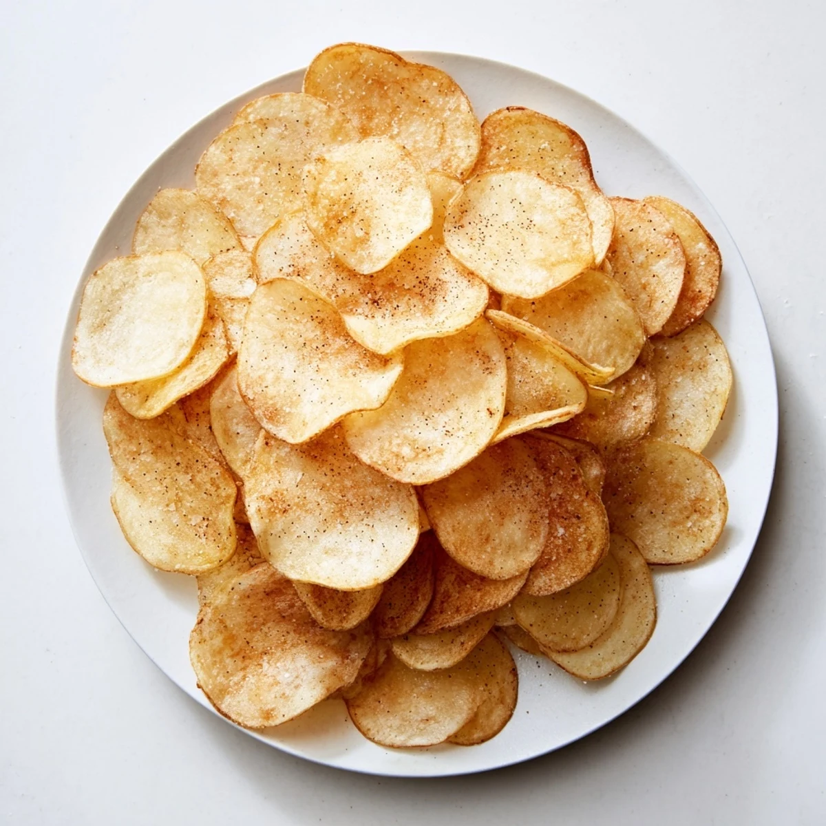 Thinly sliced russet potatoes frying in hot oil until crispy and golden, ready for seasoning with black pepper and salt