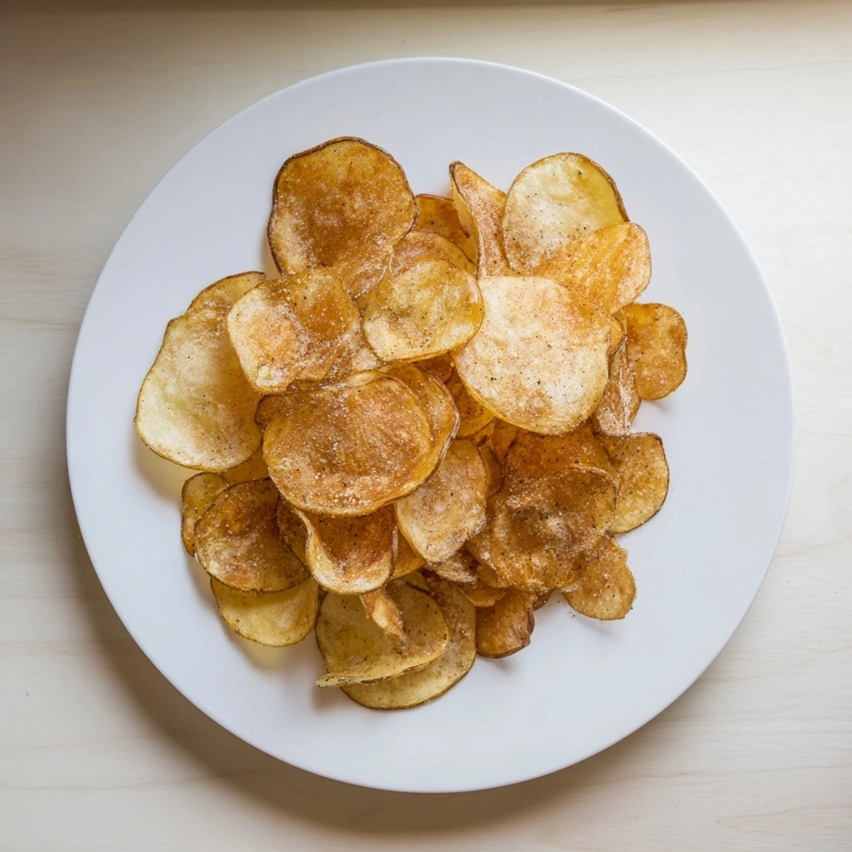 A rustic wooden bowl filled with crispy homemade potato chips, their delicate golden curves glistening under kitchen lights