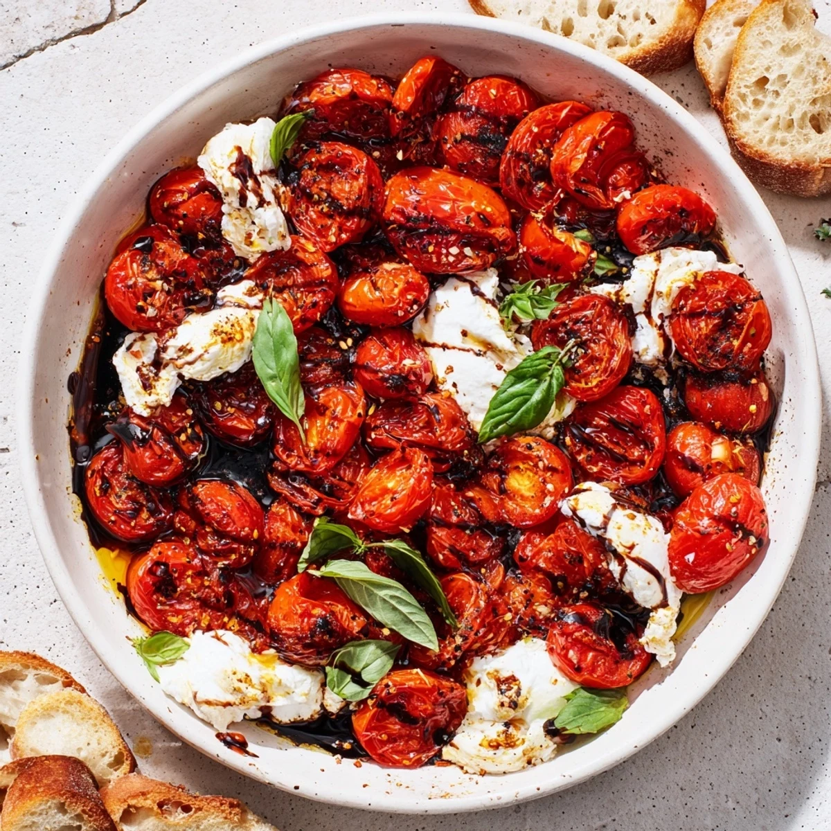 Golden roasted tomato burrata dip with blistered cherry tomatoes and creamy melted cheese center