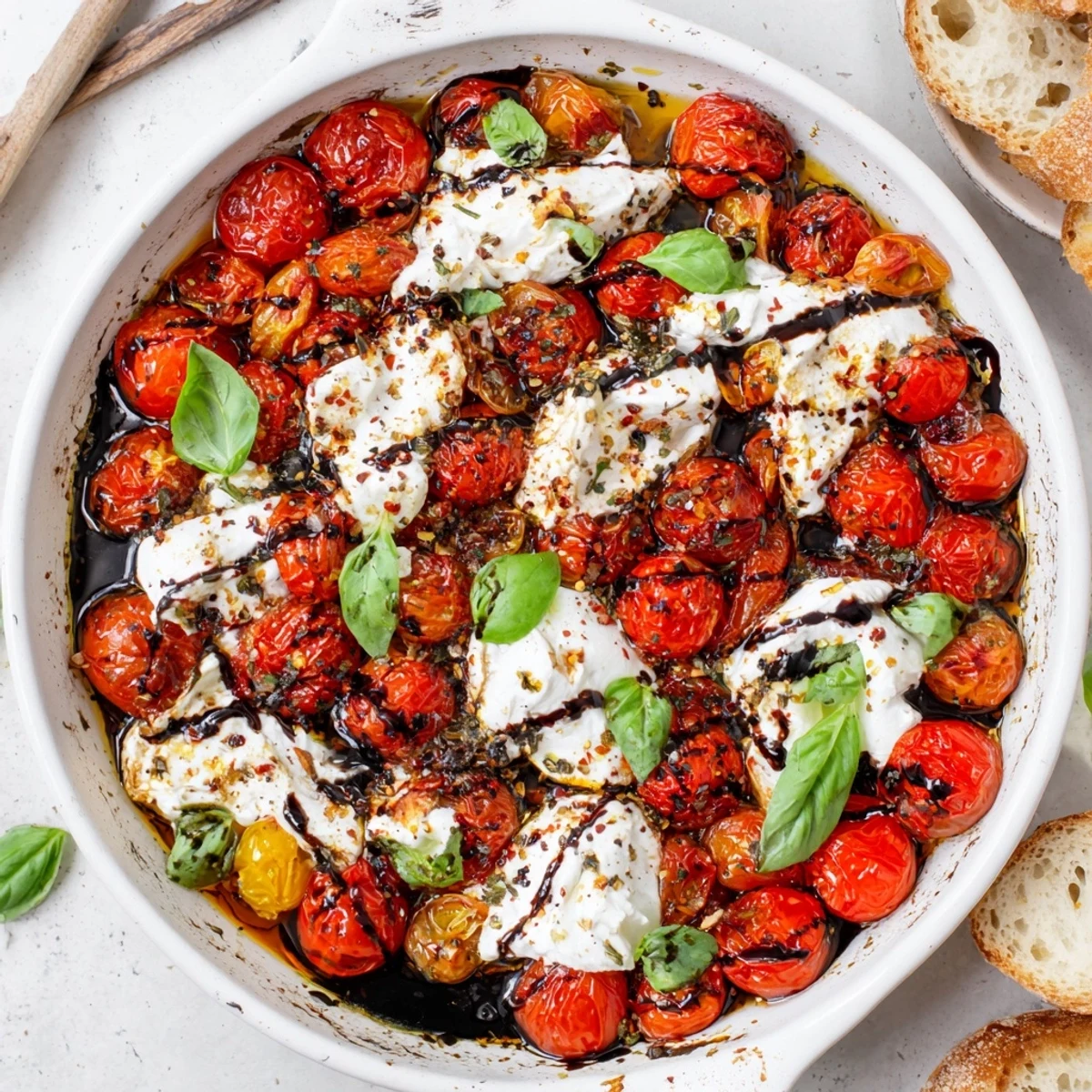 Rustic roasted tomato burrata dip drizzled with balsamic glaze and served with crusty bread