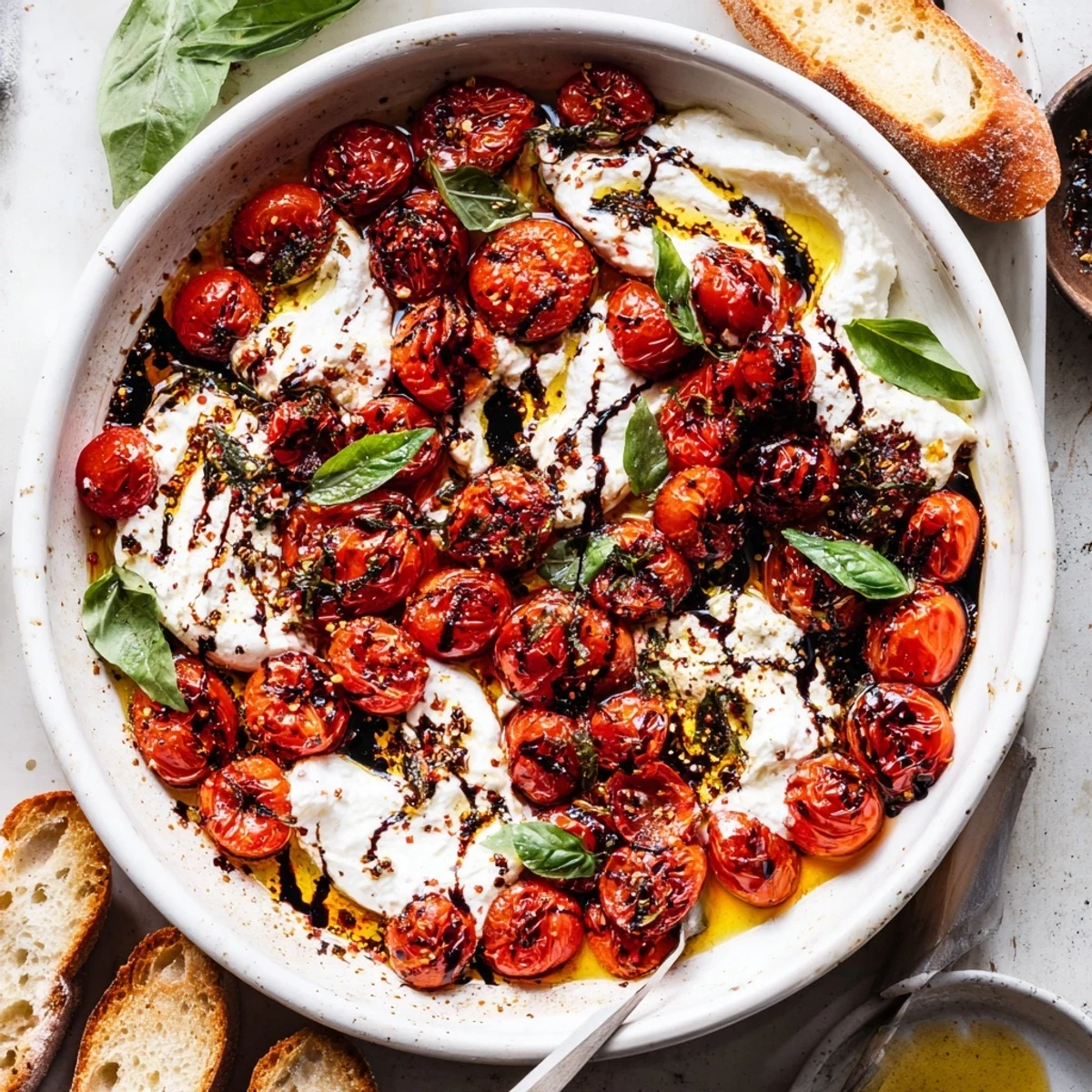Warm Italian appetizer featuring sweet roasted tomatoes nestled beside torn burrata and fresh basil