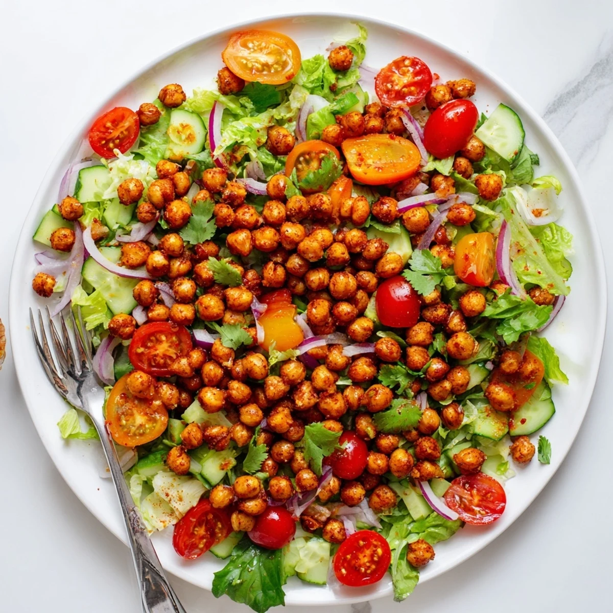 Golden roasted chickpeas seasoned with chili and lime atop fresh mixed greens with colorful vegetables
