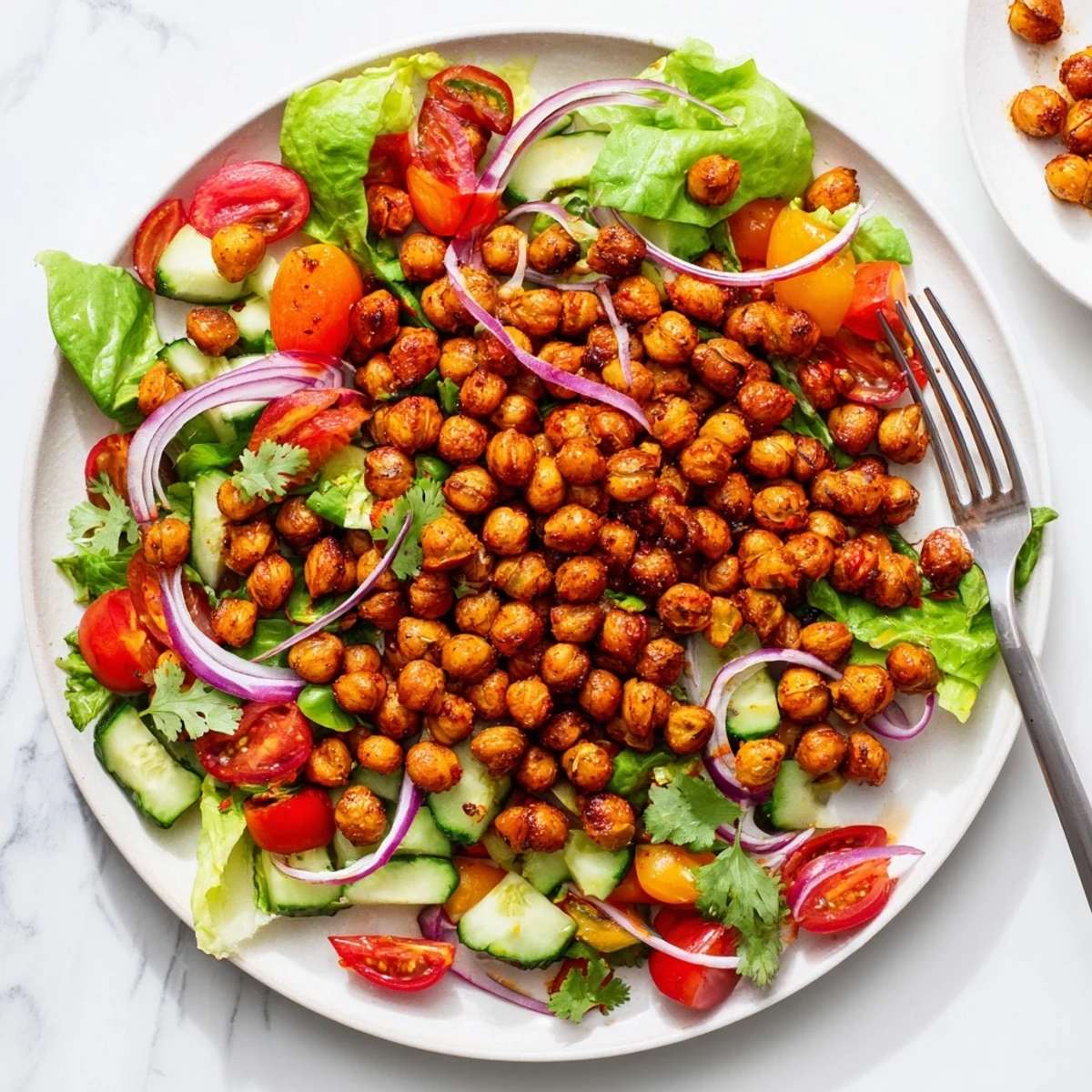 Zesty chickpea salad featuring crispy spiced legumes over crisp greens drizzled with zesty lime vinaigrette