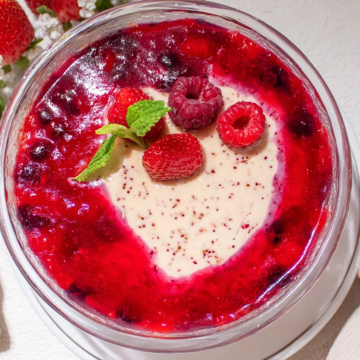 Glass serving dish displaying layered vanilla mousse berry jello dessert topped with fresh mixed berries and mint